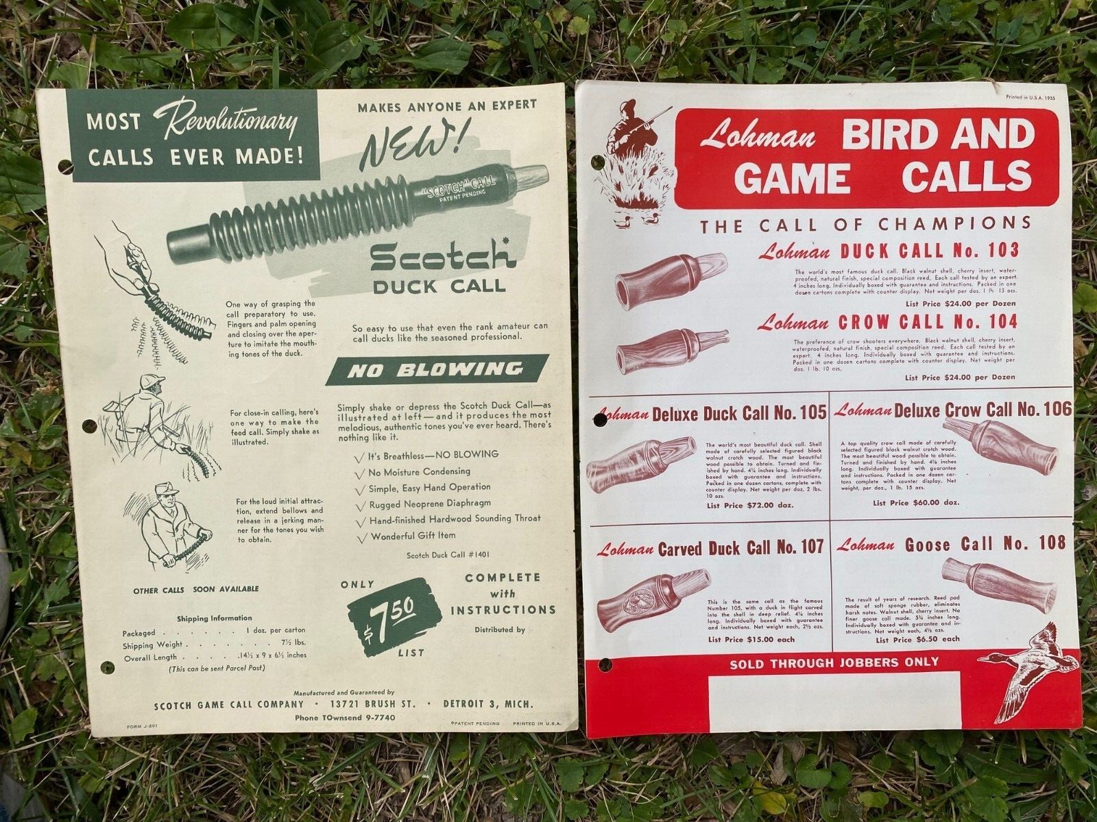 RARE Vintage Hunting Scotch Duck Call & Lohman Bird Game Calls Flyers