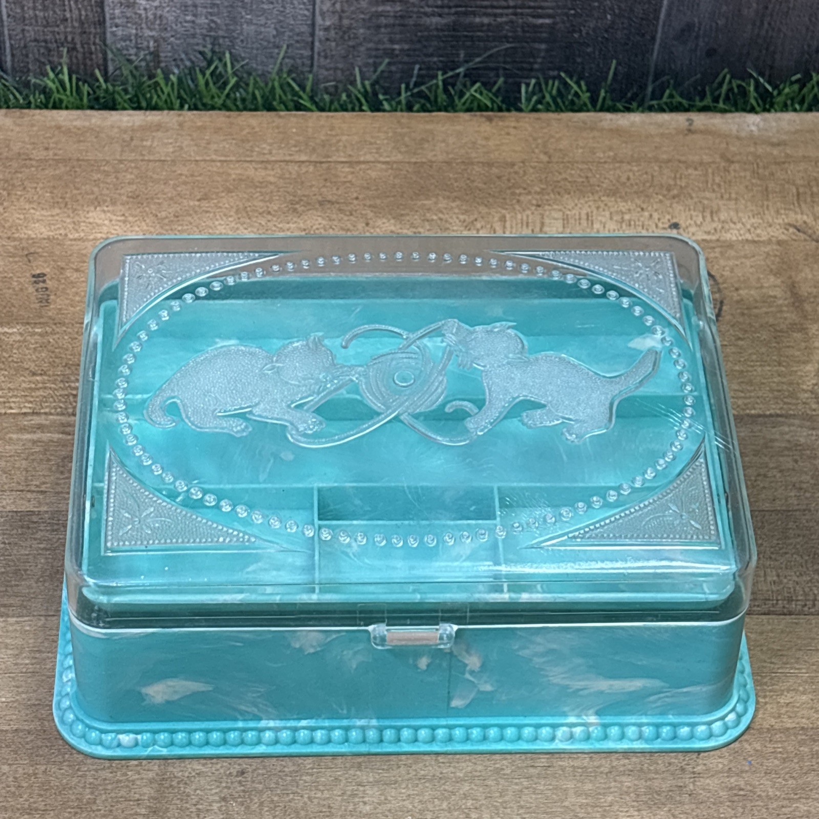 Vintage 1950s Holmer Kitten Box Jewelry Sewing Light Blue Faux Marble Plastic Vintage 1950s Holmer Kitten Box Jewelry Sewing Light Blue Faux Marble Plastic