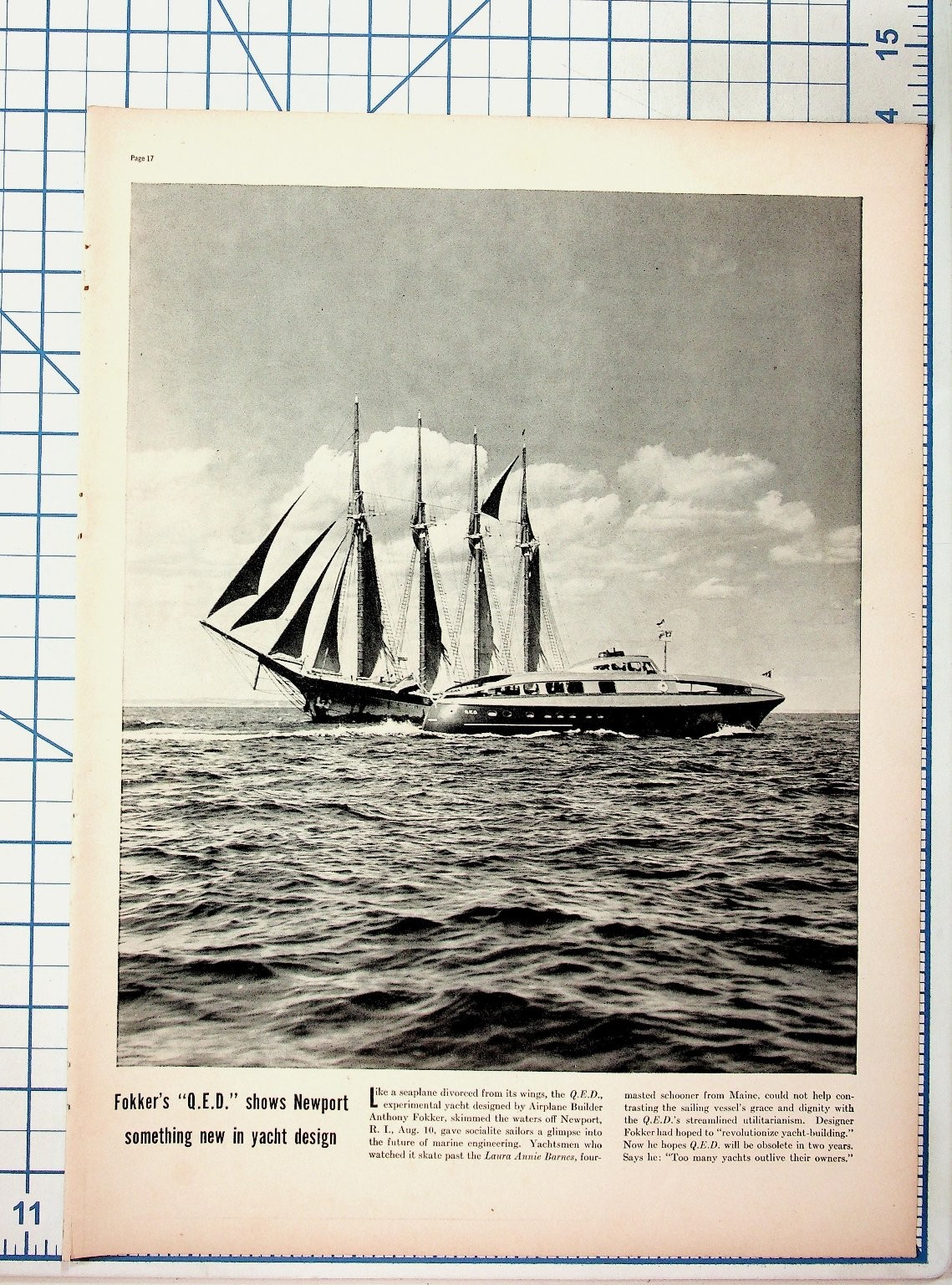 Vintage Fokker Q.E.D. Yacht Newport RI Magazine Clipping Photo Art Ephemera Vintage Fokker Q.E.D. Yacht Newport RI Magazine Clipping Photo Art Ephemera