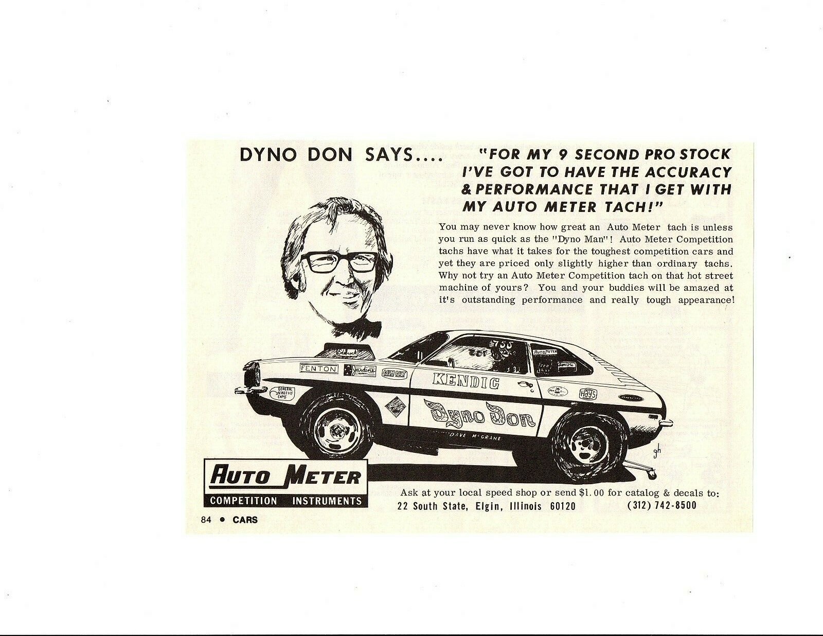 1972 PINTO PRO STOCK / DON NICHOLSON ~ ORIGINAL SMALLER AUTO METER AD