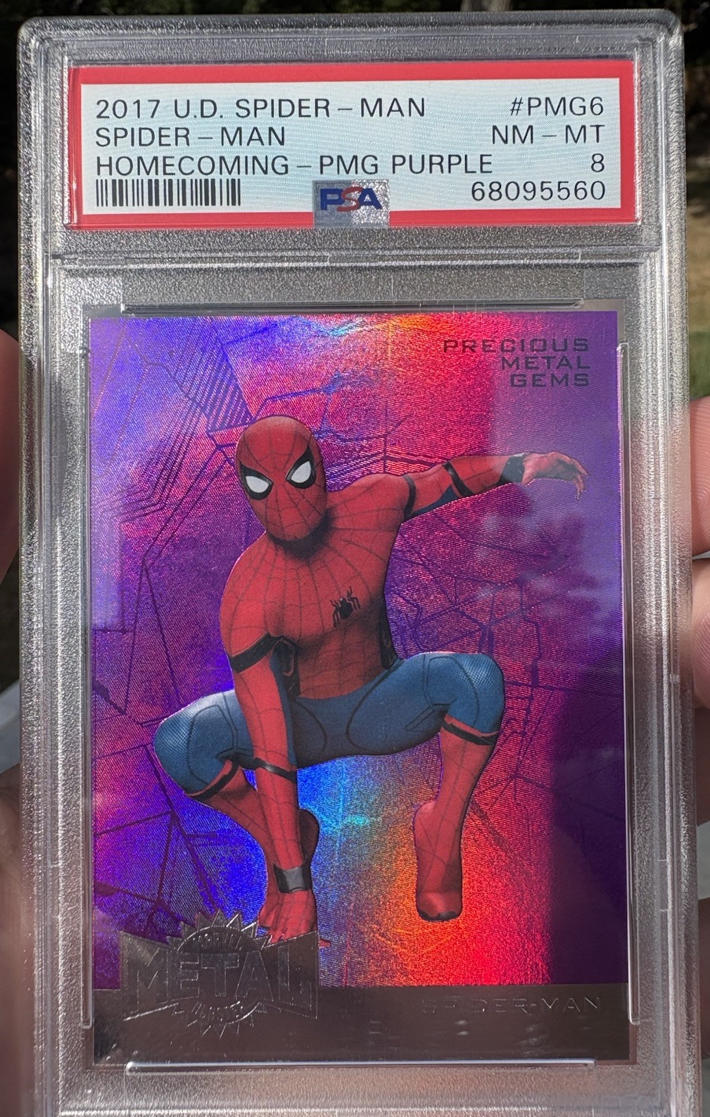 Spiderman 2017 Marvel Spiderman Homecoming Purple Precious Metal Gems PSA 8