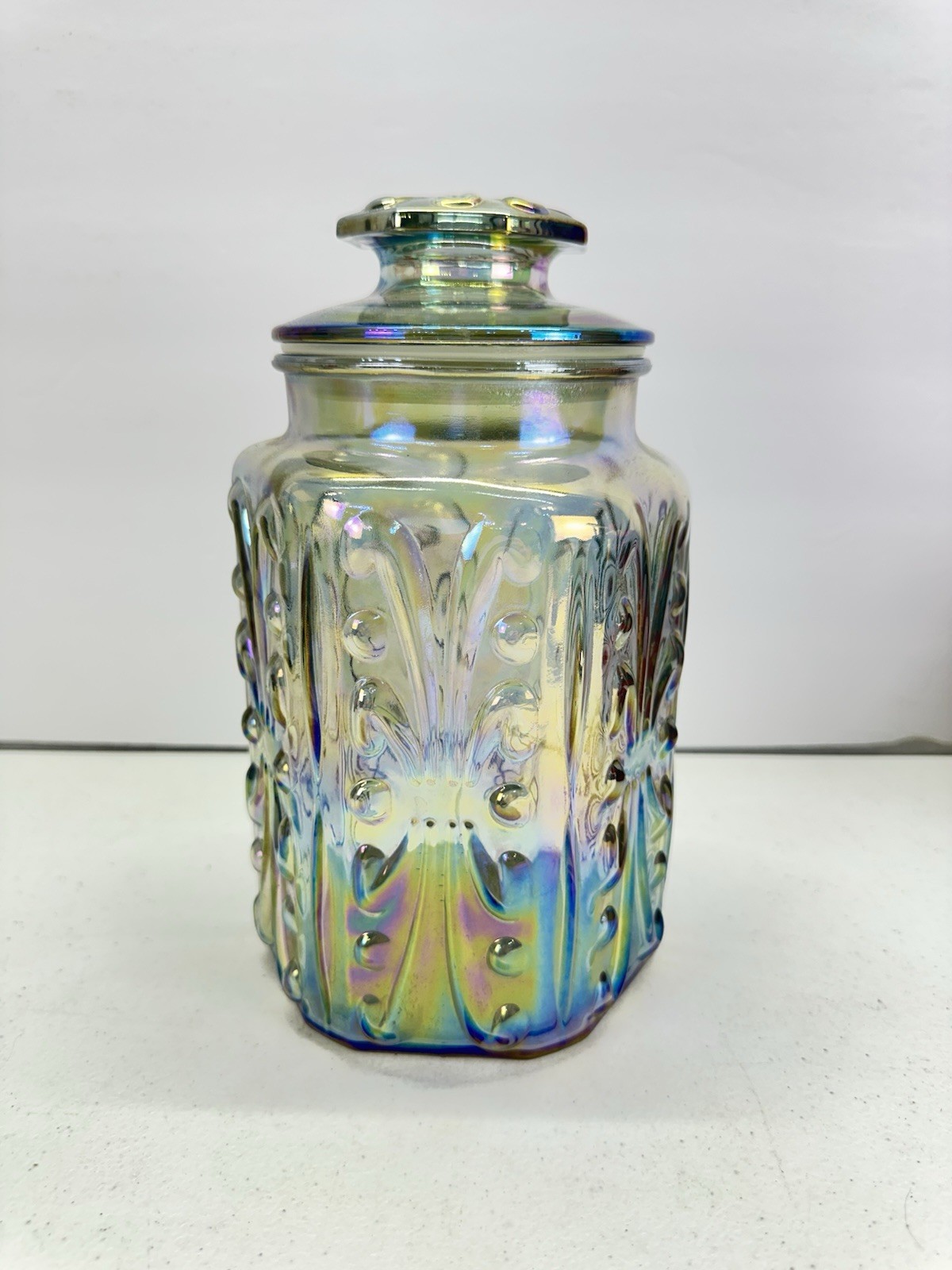 Vintage LE Smith Imperial Atterbury Scroll Canister Jar Iridescent Carnival 9\