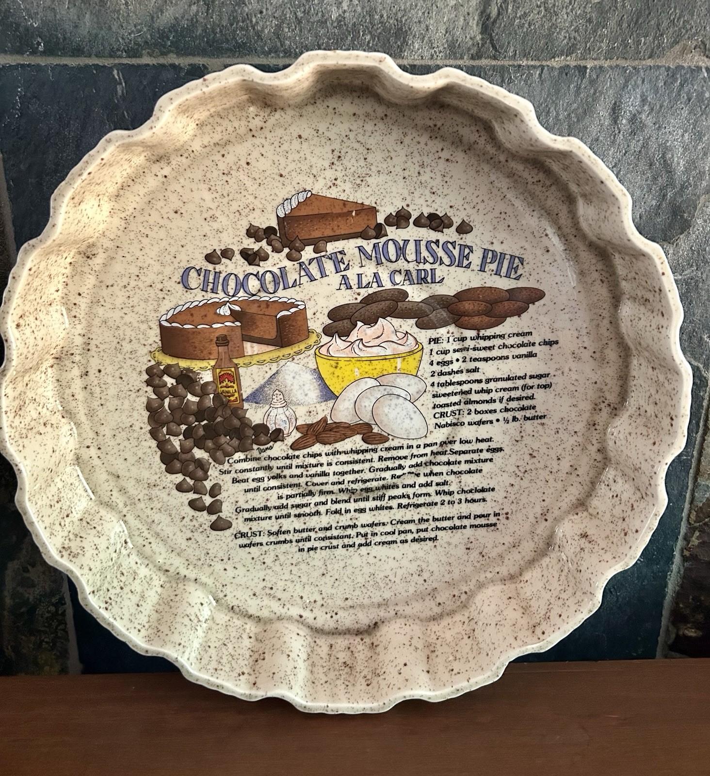 Chocolate Mousse Pie A La Carl Pie Dish Brown Speckled Ceramic Vintage 9.75\