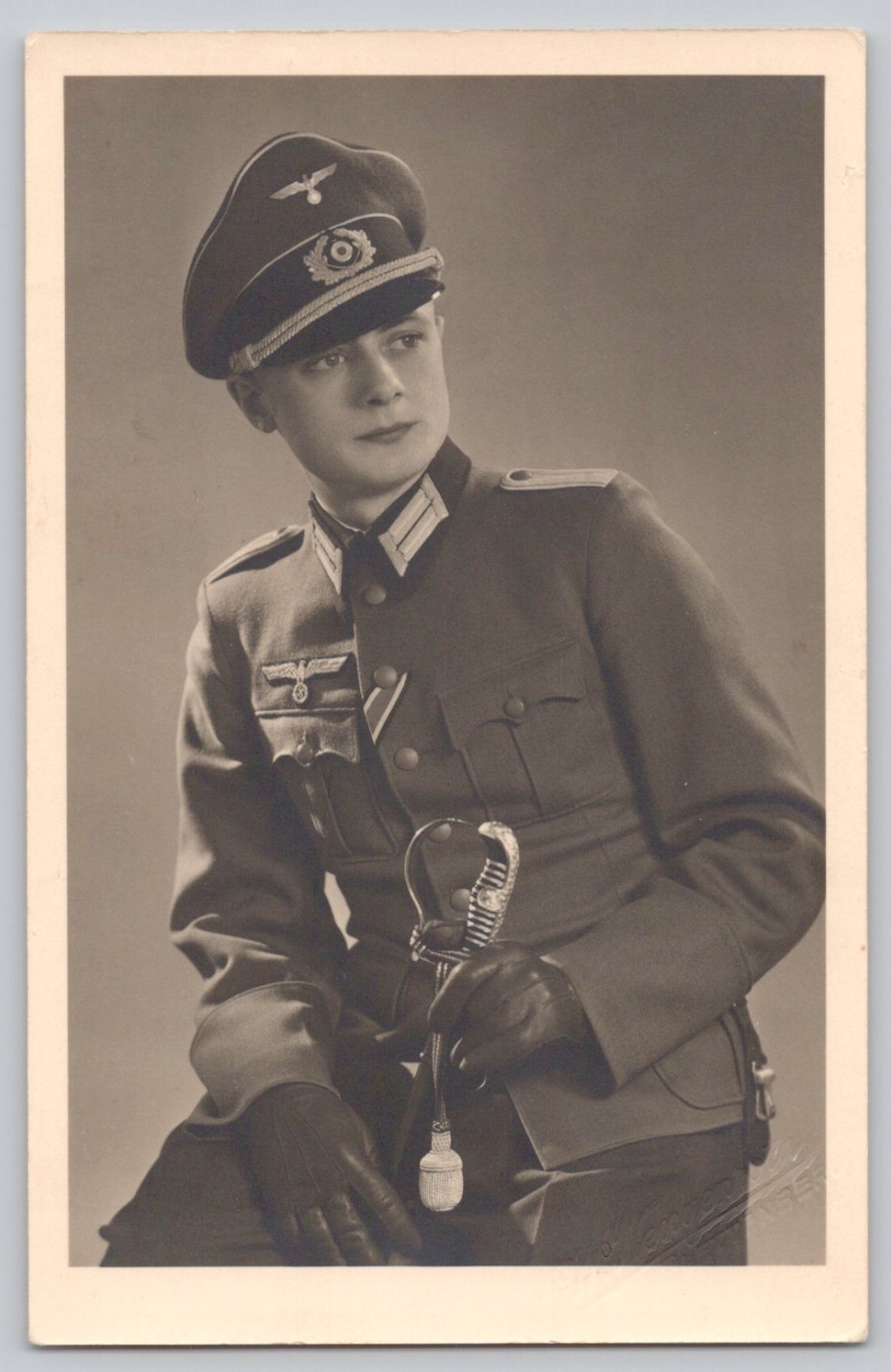 WWII Wehrmacht Heer Handsome Young Officer Dress Sword Iron Cross RPPC Postcard