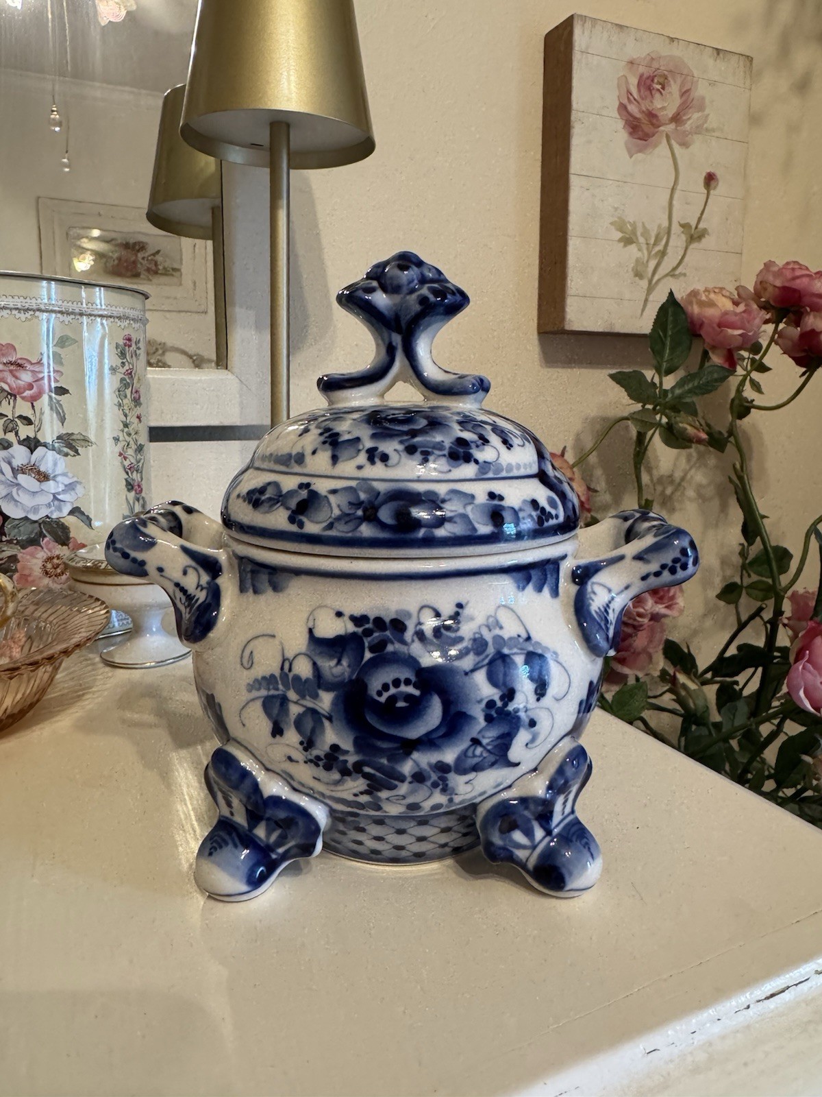 Vintage 1999 Russian Gzhel Porcelain Lidded Sugar Bowl Hand Painted Signed