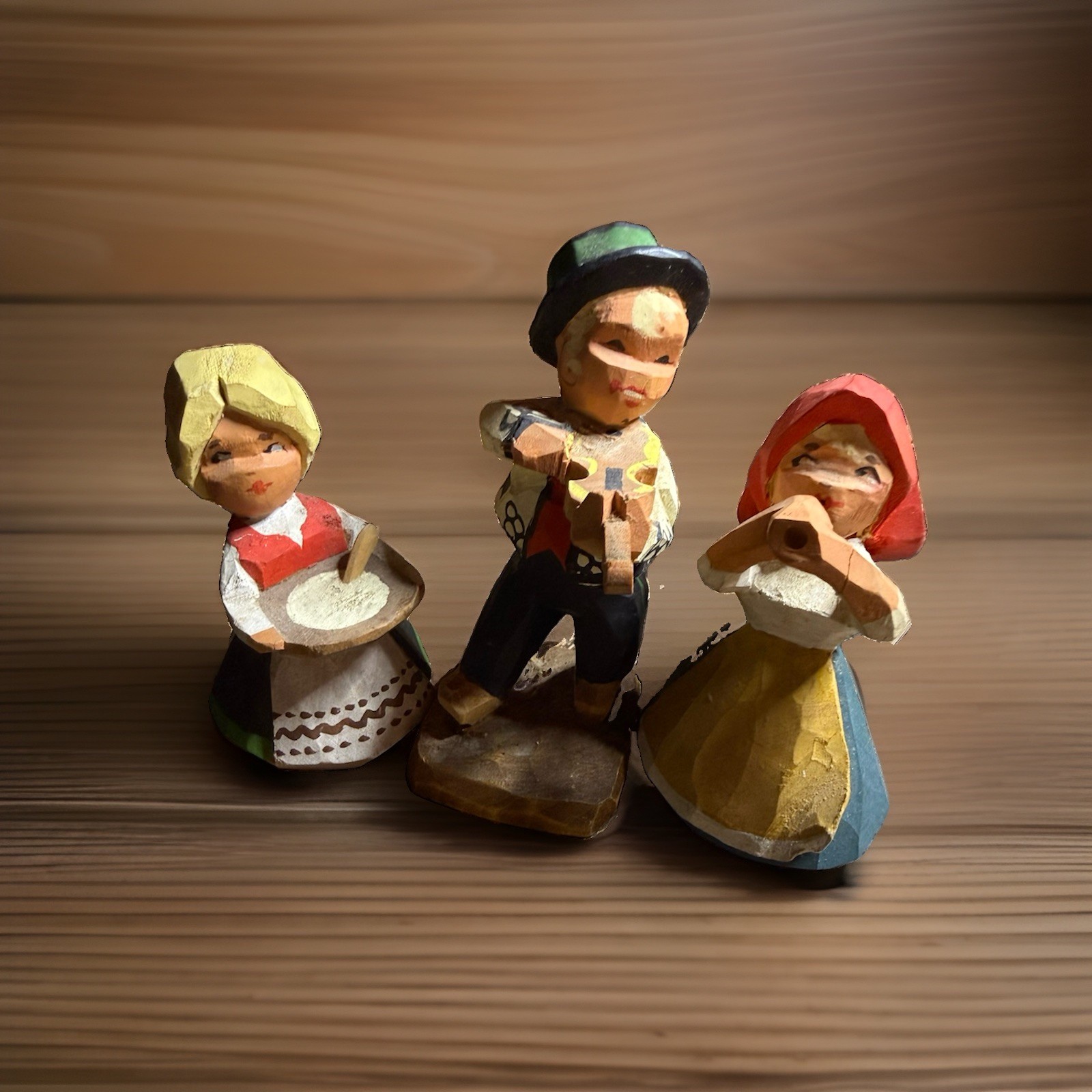 Vintage Norway Hand Carved Wood Folk Figures Set 3 Fiddler Prillar Guri Bunad