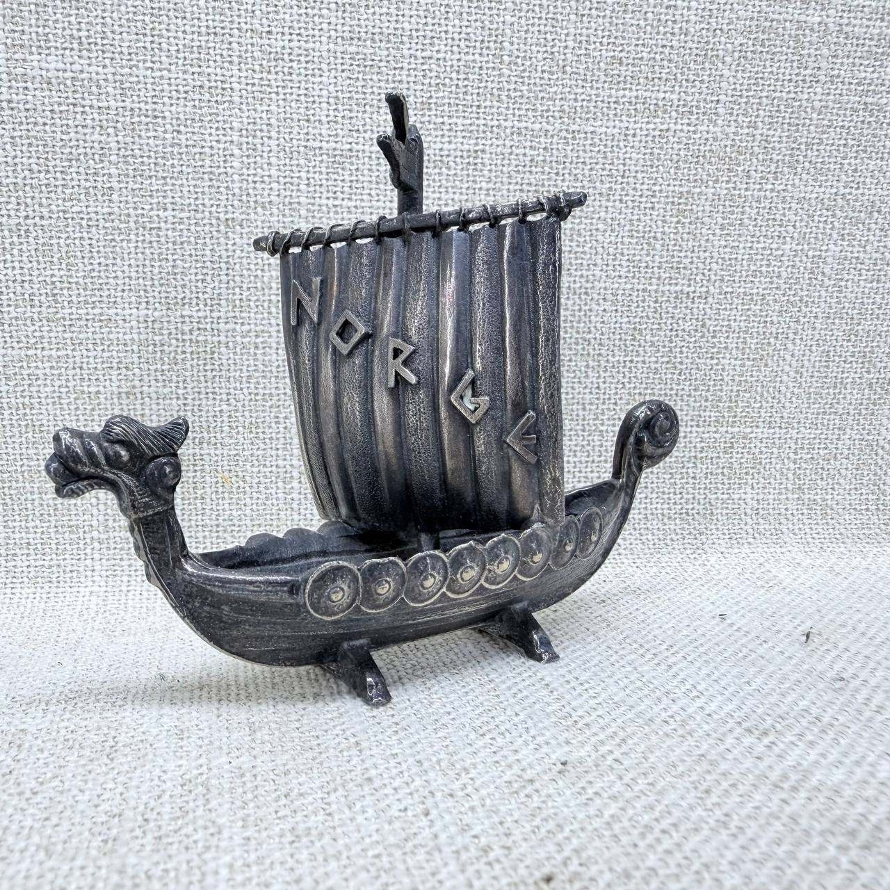 Vintage Norge Viking Longship Metal Figurine Pewter Tone Dragon Boat Decor
