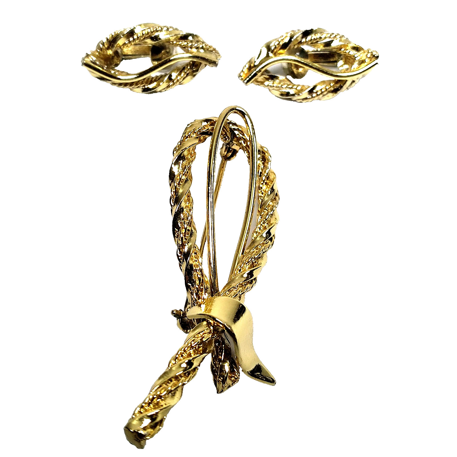 Smooth & Textured Stylized Knot Brooch & Matching Clip On Earrings 3 Pc Set