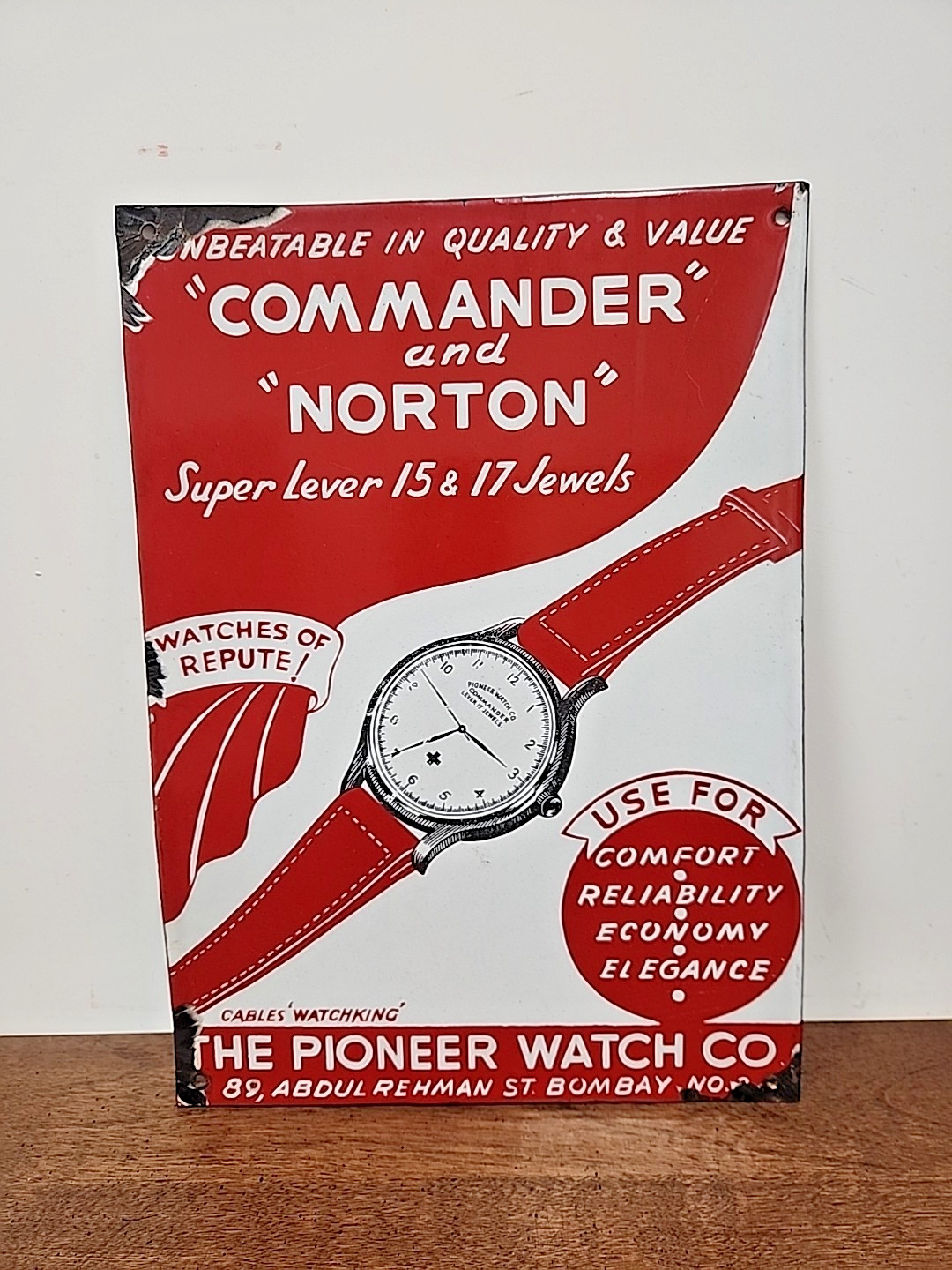 VINTAGE THE PIONEER WATCH CO PORCELAIN SINGLE SIDED SIGN