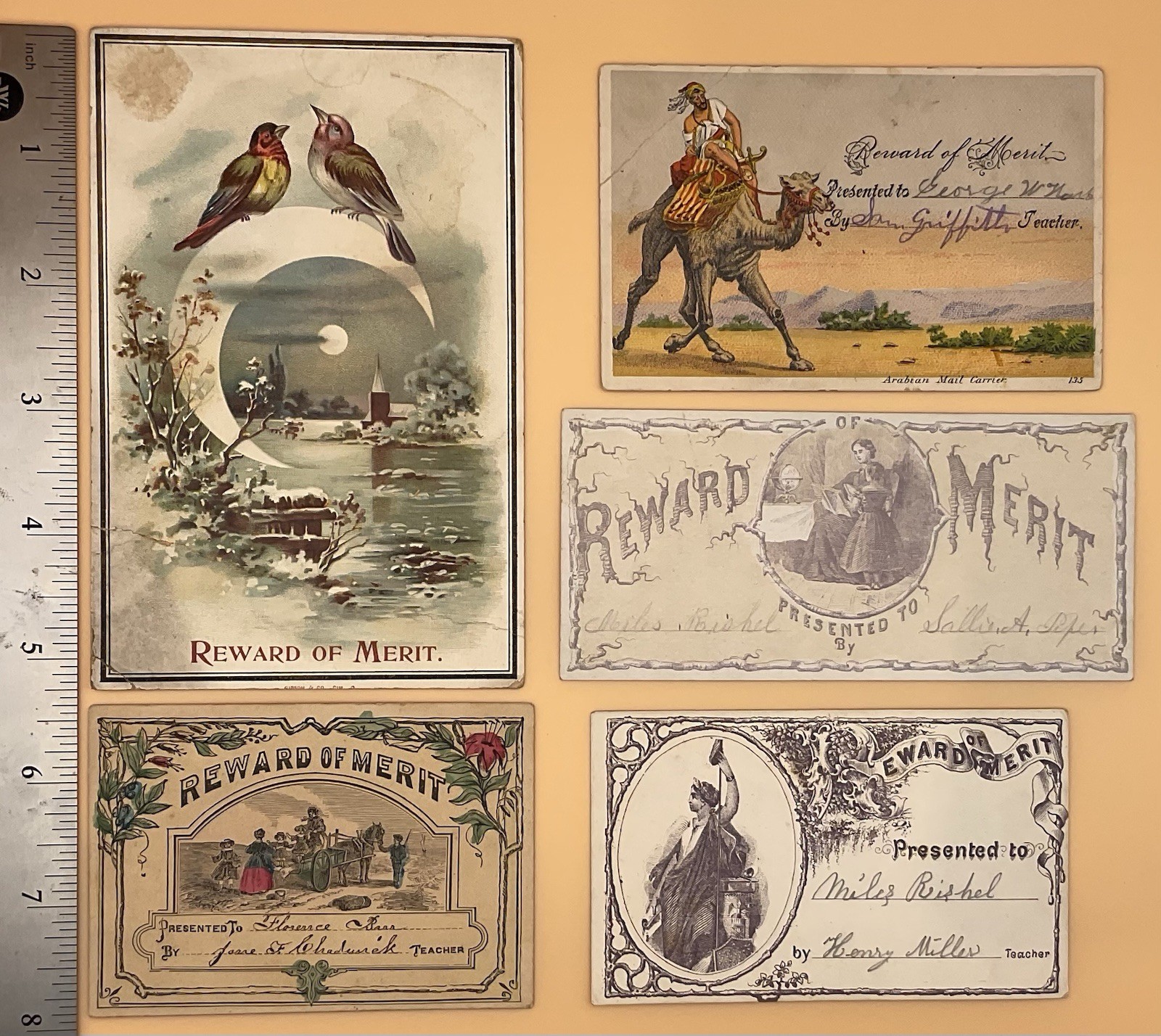 Five (5) different  c. 1800s REWARD OF MERIT Cards