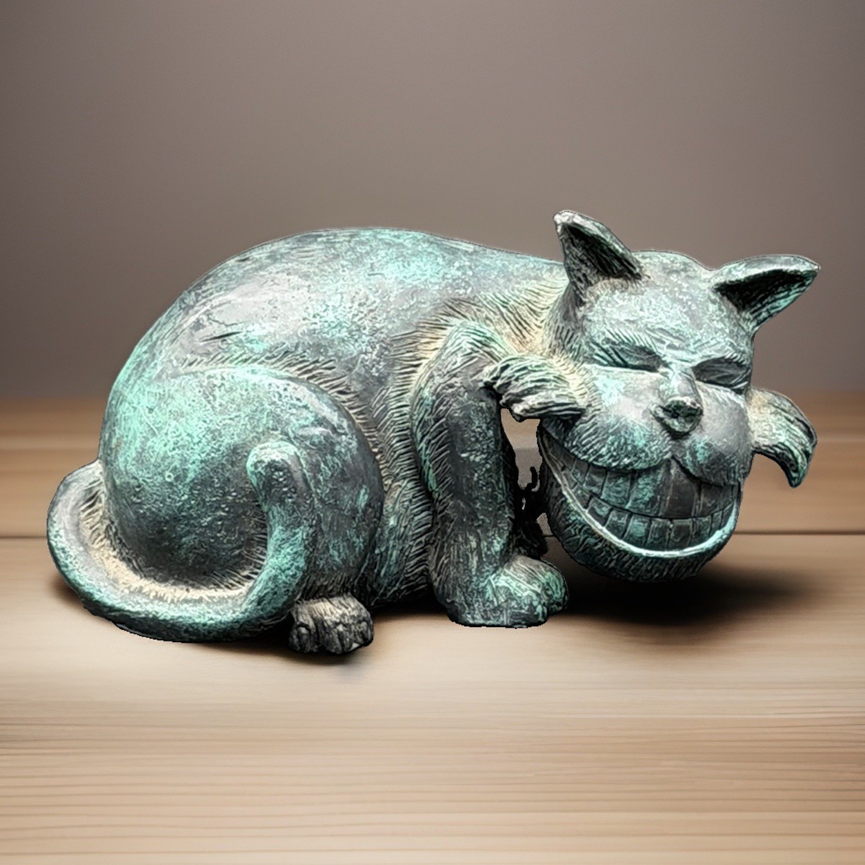 VTG Whimsical R Vandamme Cheshire Smiling Cat Figurine Resin Faux Bronze Patina