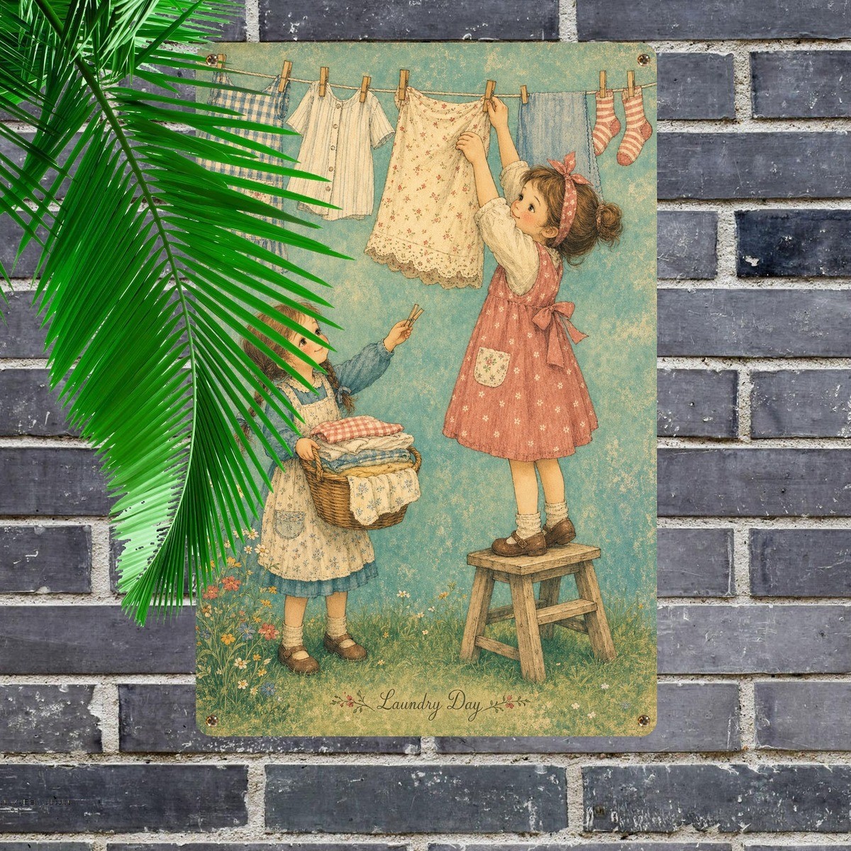 Two Girls Hanging Laundry Day Tin Sign Vintage Children Antique Wall Decor