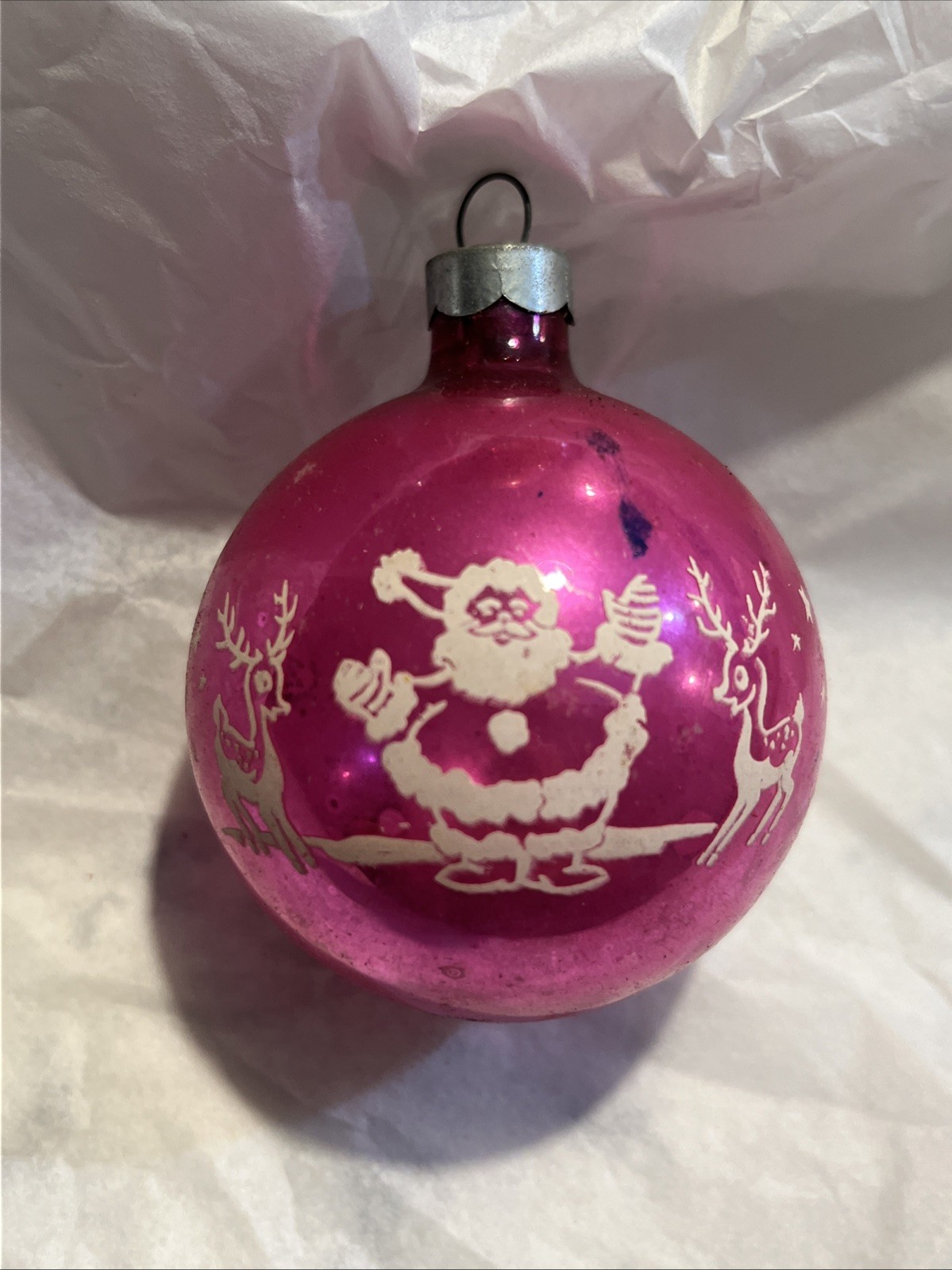 Vintage Santa w/ Reindeer Pink Stencil Christmas Ornament Corning Franke