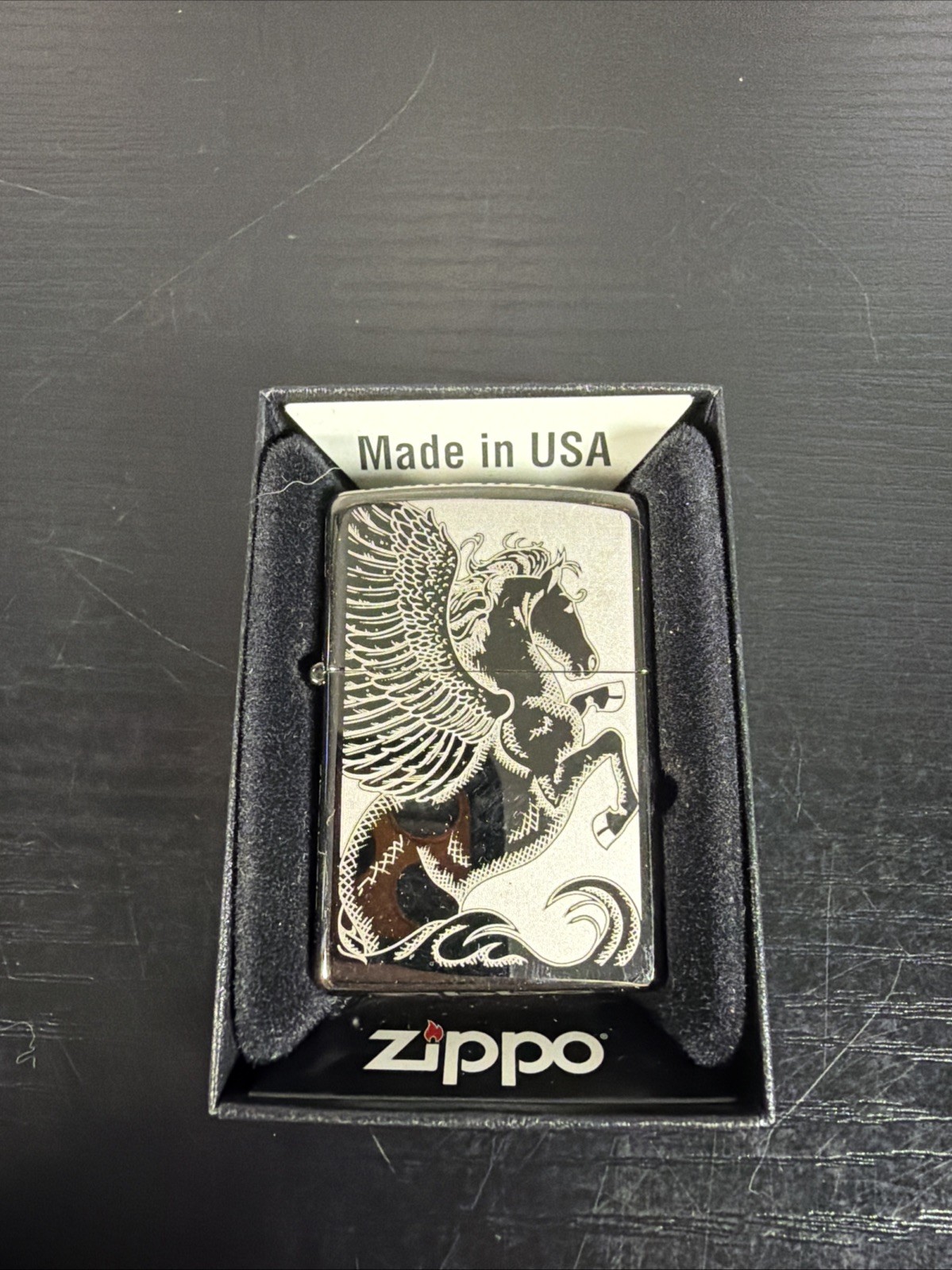 Zippo Etched Black Ice Pegasus Lighter 28802 Retired Style Dual Sided Design