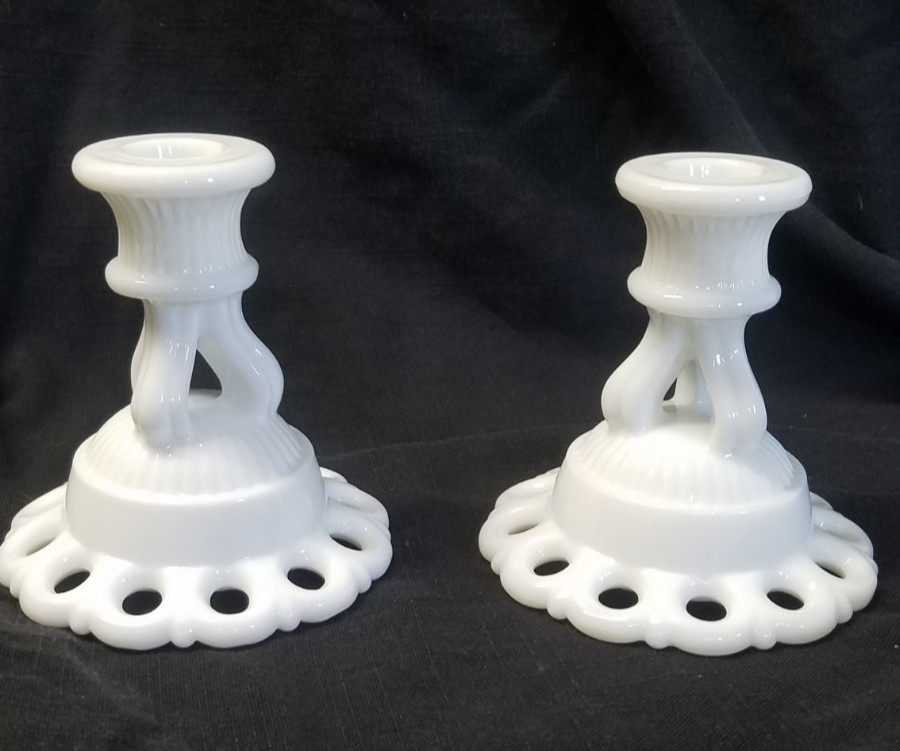 Pair Westmoreland Doric Lace Candlesticks White Milk Glass 1960s MCM 5351