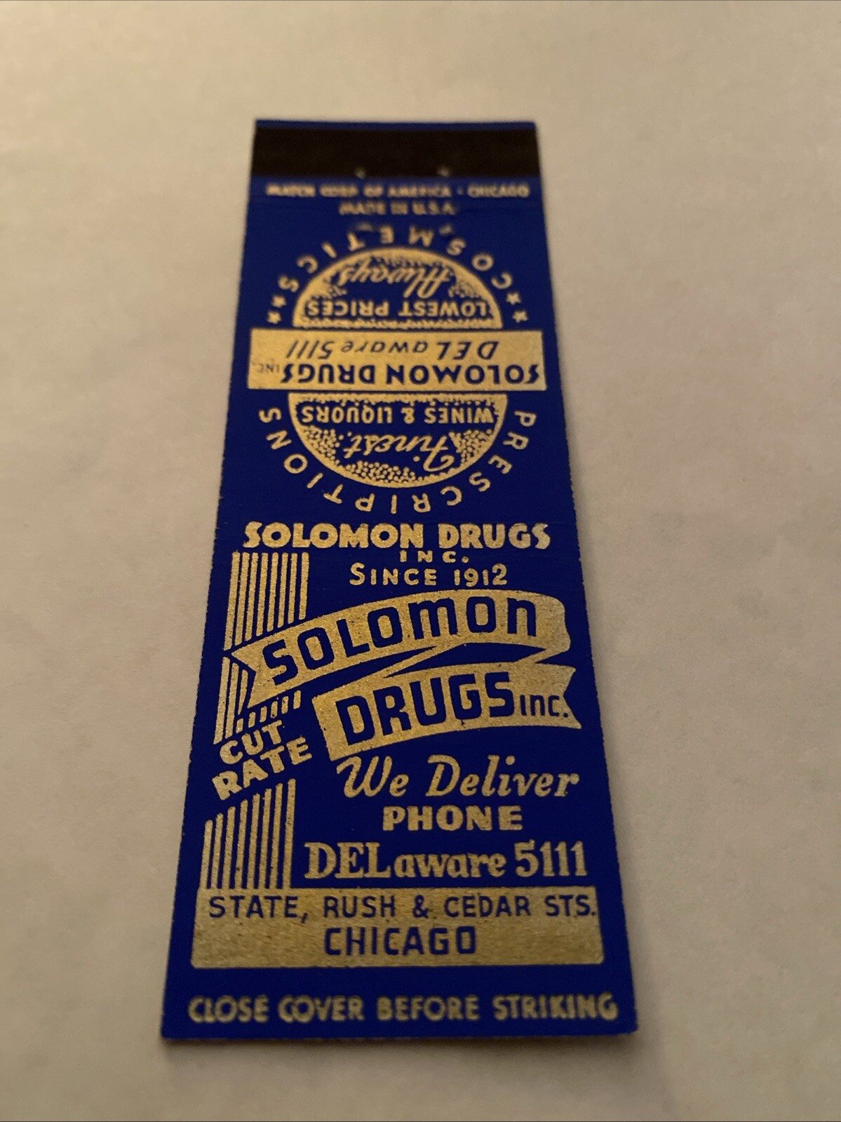 Vintage Matchbook Cover Matchcover Solomon Drugs Chicago IL Vintage Matchbook Cover Matchcover Solomon Drugs Chicago IL