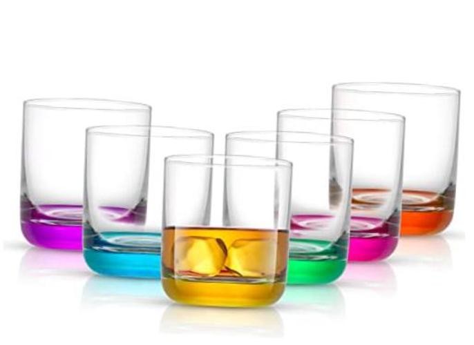 Hue Colorful Whiskey Set of 6, 10oz Drink Glasses, Double Old Whiskey Glasses