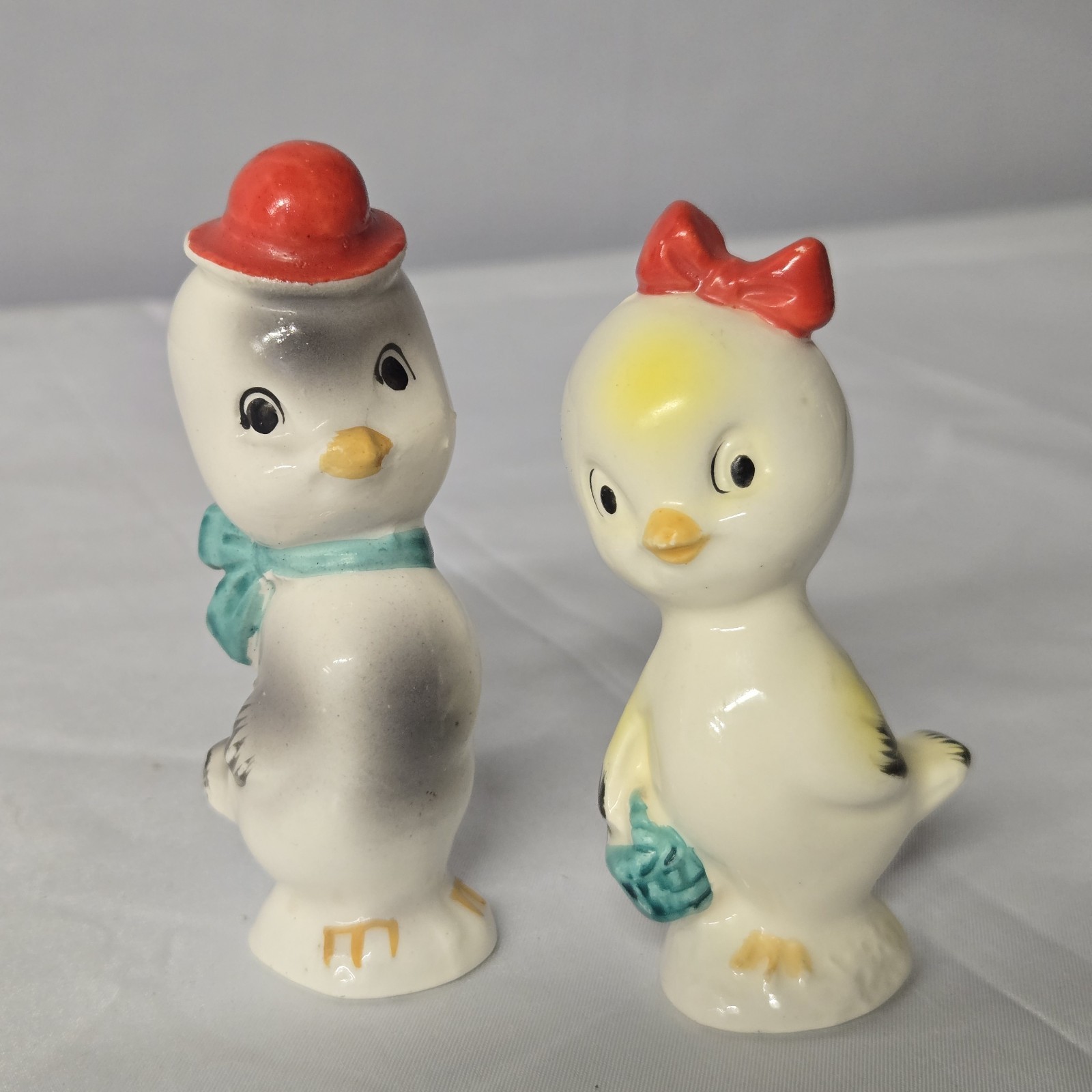 Vintage Mid Century Ceramic Anthropomorphic Duckling and Chick with Bows E22