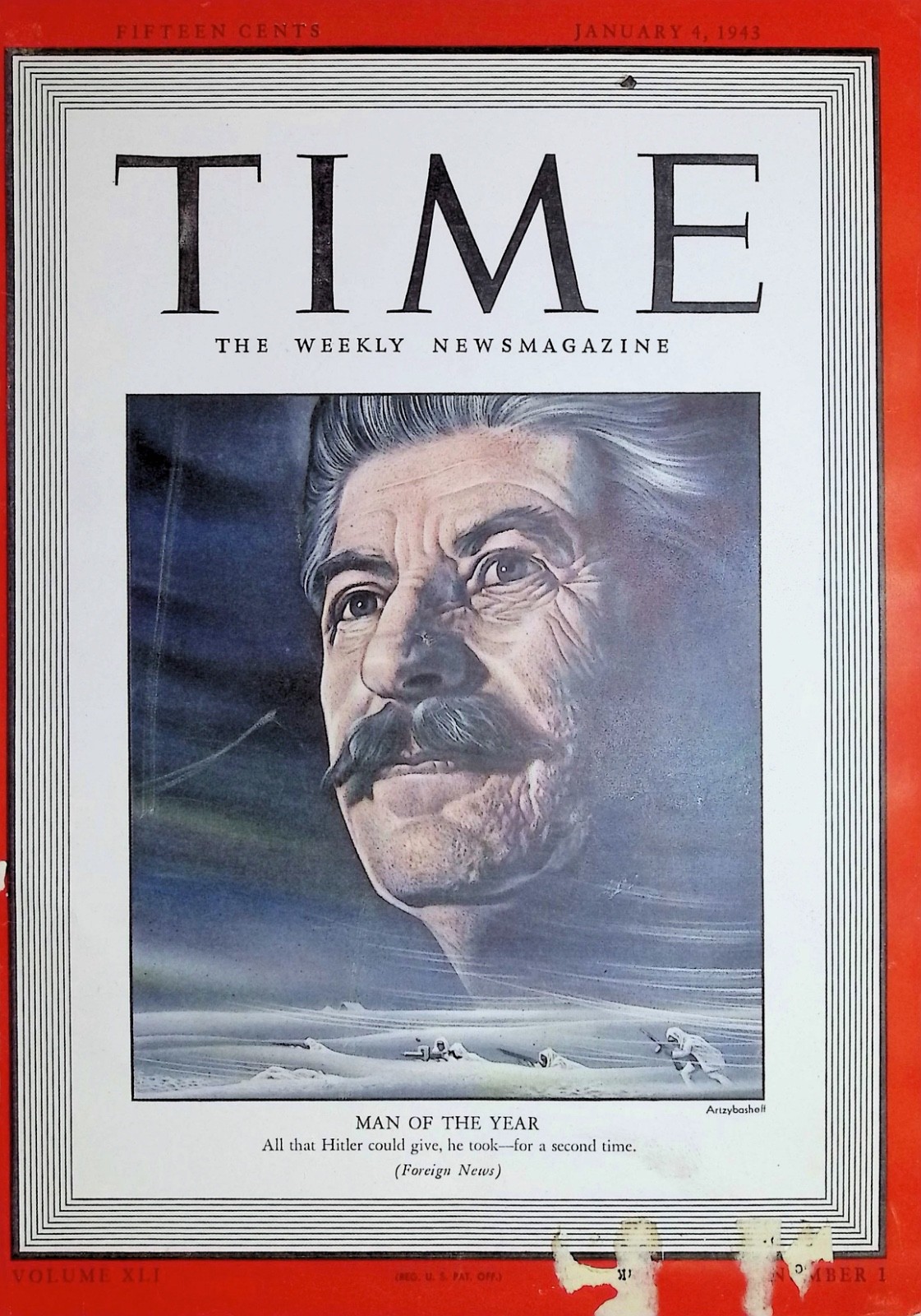 Original Jan 4, 1943 TIME Cover Only: Joseph Stalin as the 