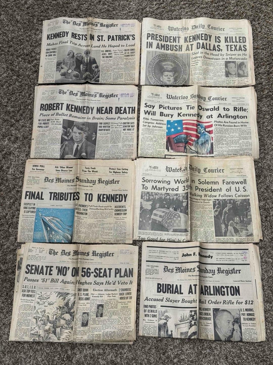 LOT OF 8 ORIGINAL - JFK & ROBERT KENNEDY ASSASSINATION NEWSPAPERS 1963 1968 LOT OF 8 ORIGINAL - JFK & ROBERT KENNEDY ASSASSINATION NEWSPAPERS 1963 1968