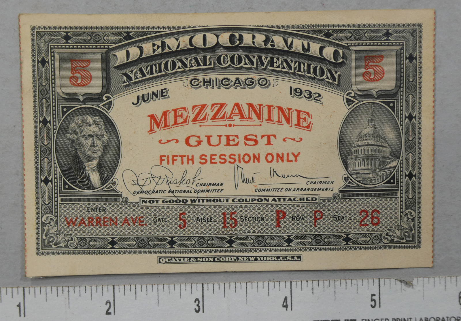 Democratic National Convention 1932 Chicago  Mezzanine Guest Pass