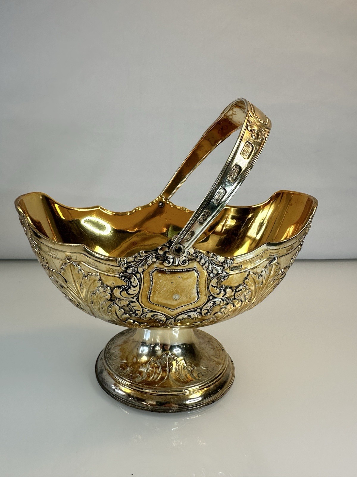 Vintage Repousse Silver Plated Handled Basket Goldwash Interior Japan 6\ Vintage Repousse Silver Plated Handled Basket Goldwash Interior Japan 6\