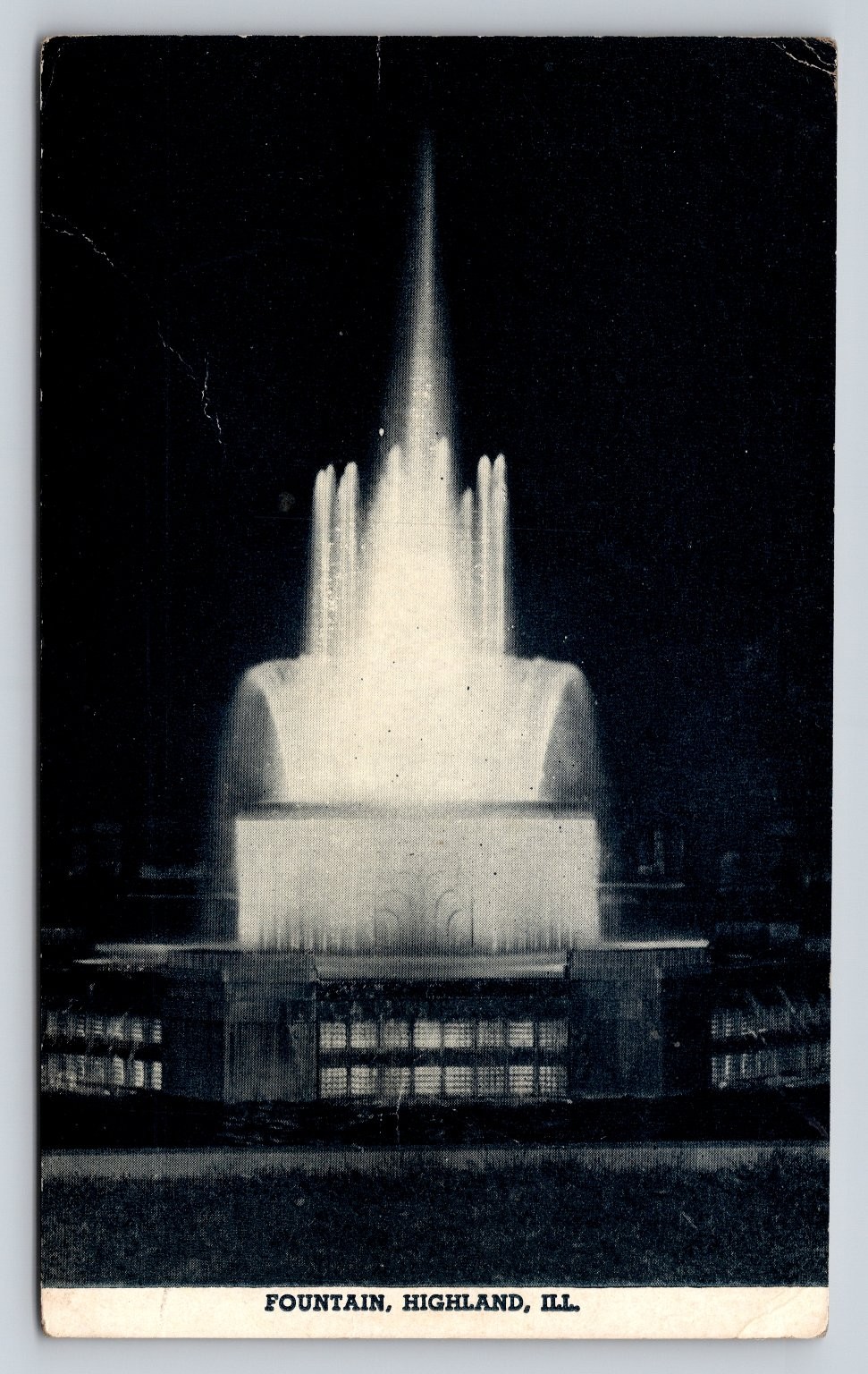 1945 Highland, IL Fountain Night View RPPC Postcard Voegele's Studio