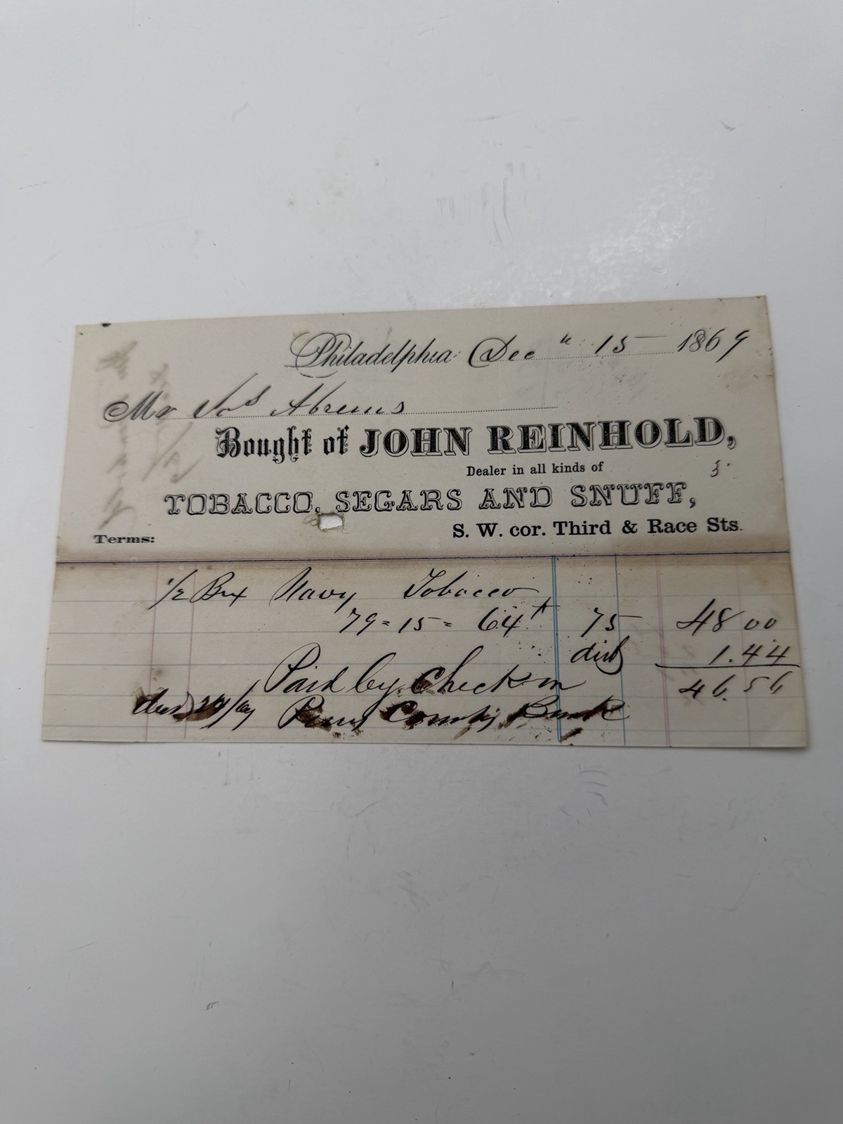 Vintage Receipt Country Store Tobacco Segars 1869 Great Piece SHIPS FREE USA