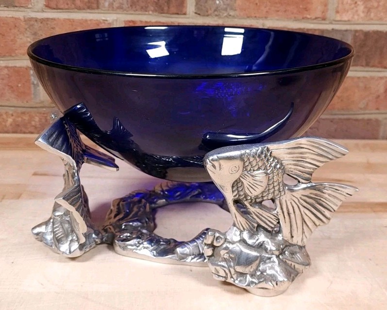 Pewter Fish Stand Blue Glass Punch Bowl Centerpiece 11 Inch