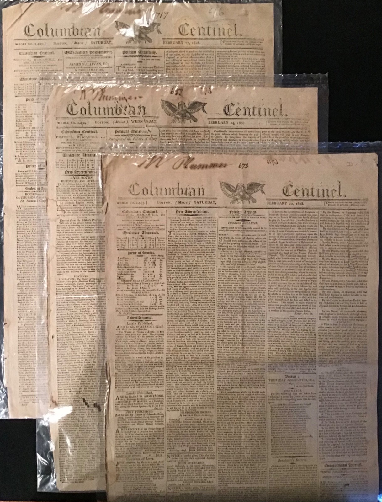 Lot of 3 Boston Columbian Centinel Newspapers, All from 1908, Original Issues.