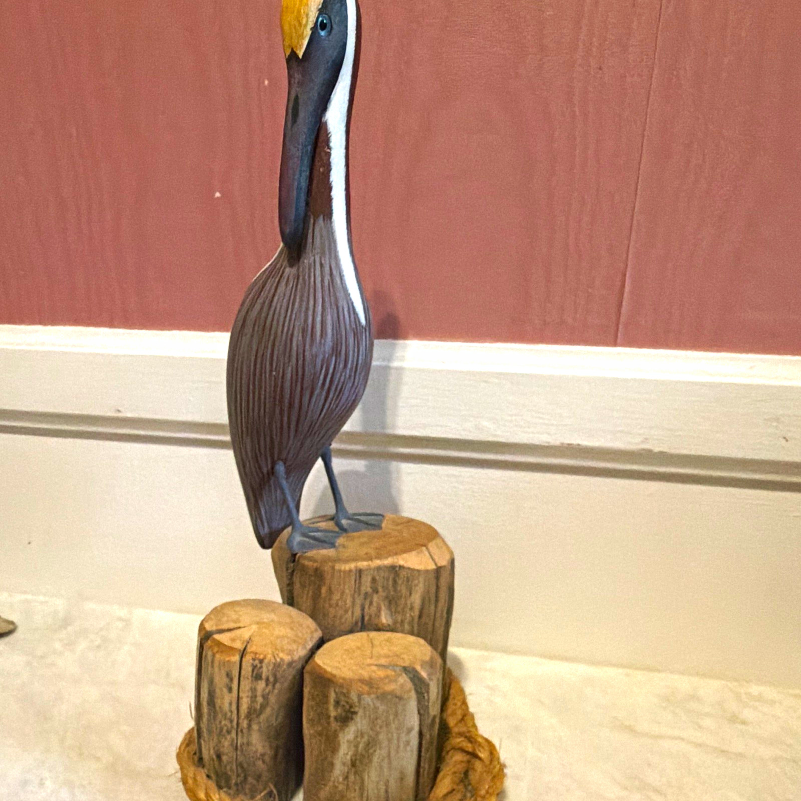 Wooden Pelican Bird Figurine on Rope-Wrapped Driftwood Base Signed \'96\'
