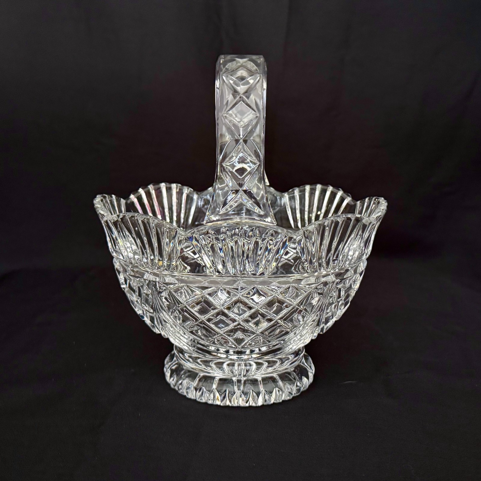 Heavy Crystal Basket Cut Diamond Cross Hatch Flared & Scalloped Rim with Handle