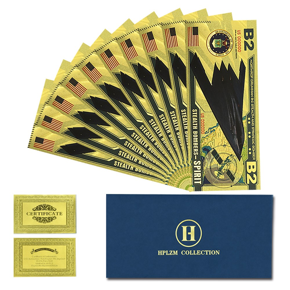 B2 Spirit Bomber Gold Foil Souvenir Banknotes Set of 10 | Stealth Aircraft Gift