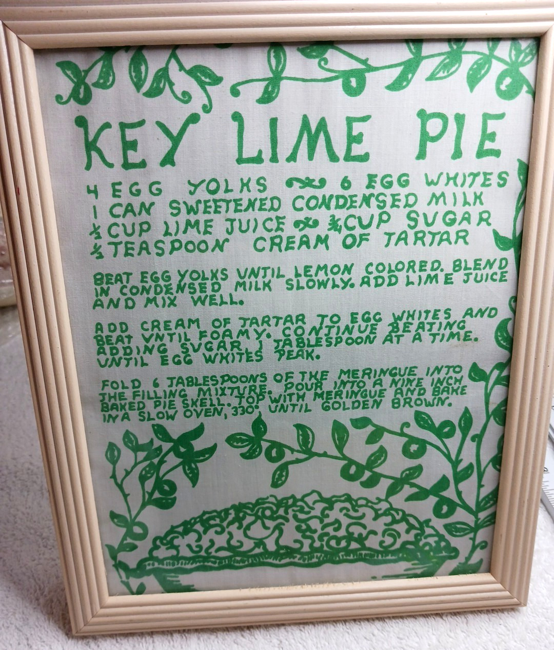 NOS Vtg. Key West Hand Prints Fabric Framed Key Lime Pie Recipe VANDA PELL