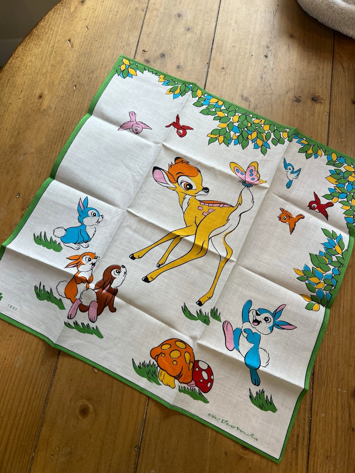 Vintage Walt Disney Productions Bambi Thumper Handkerchief, Green 1950s-60s