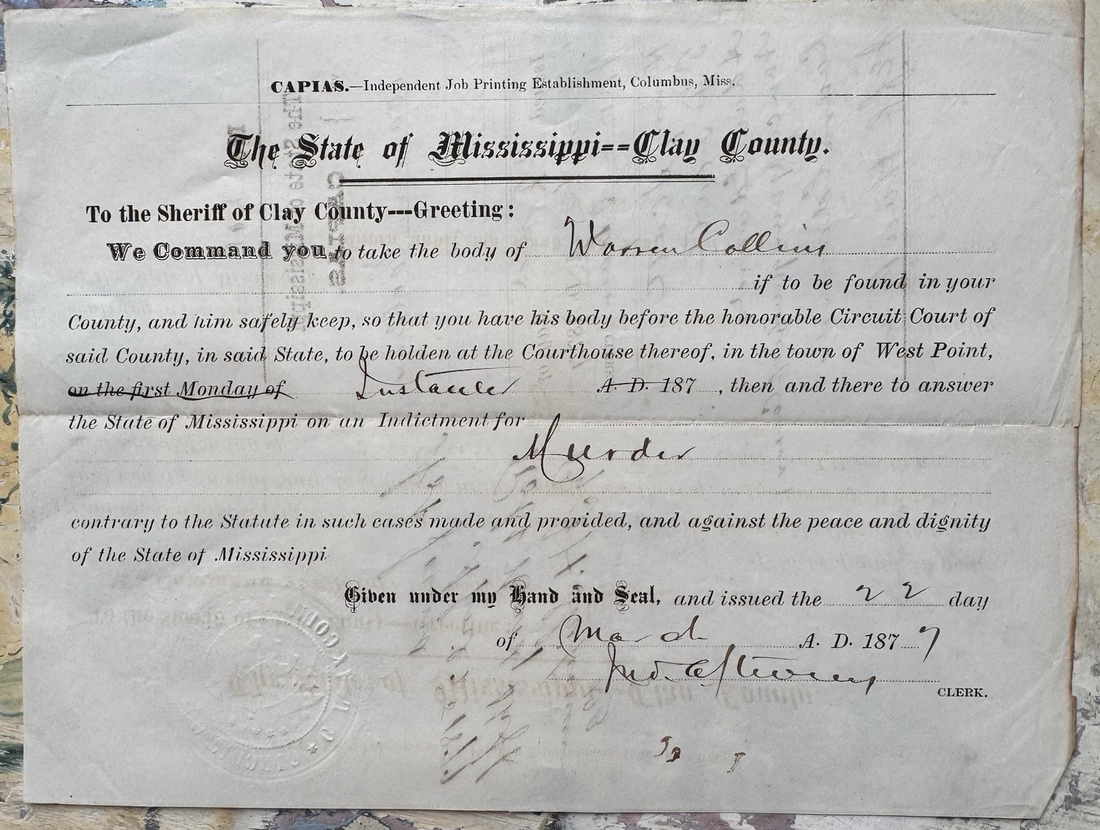 1877 Mississippi Murder Arrest Warrant | Clay County Capias | Original Document