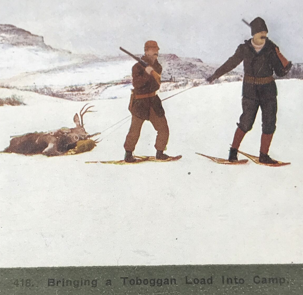 c1900s TW Ingersoll Stereoview #418 Bringing A Toboggan Load Into Camp Hunting