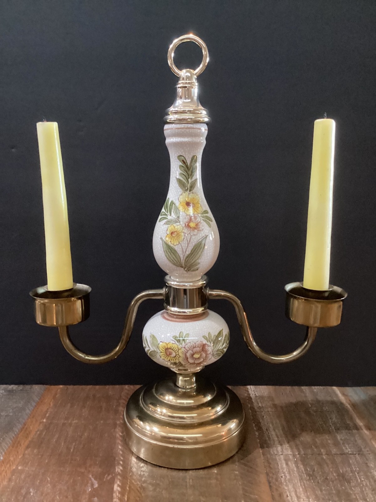 Vintage Two Arm Candelabra floral crackle Porcelain & Brass circa 1960s