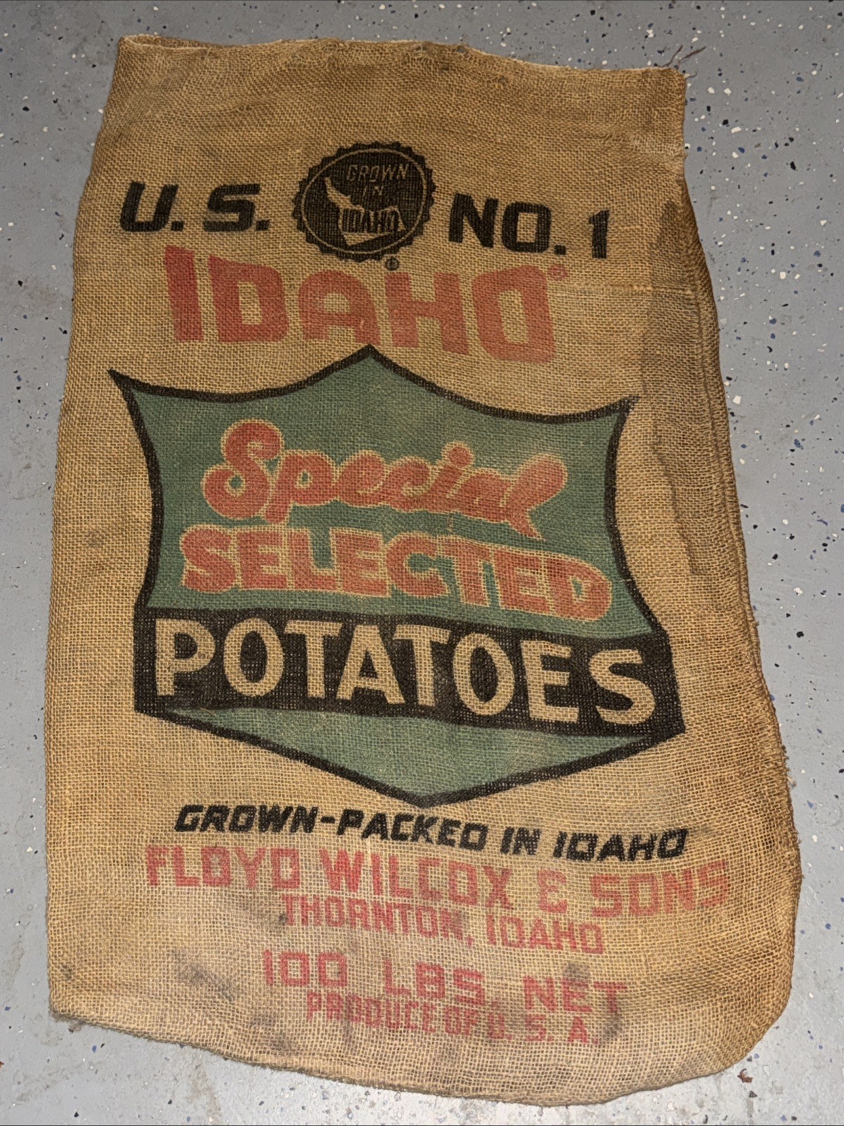 VTG Idaho Special Selected Wilcox Potatoes Burlap Bag 100 lb Rare Gunny Sack old