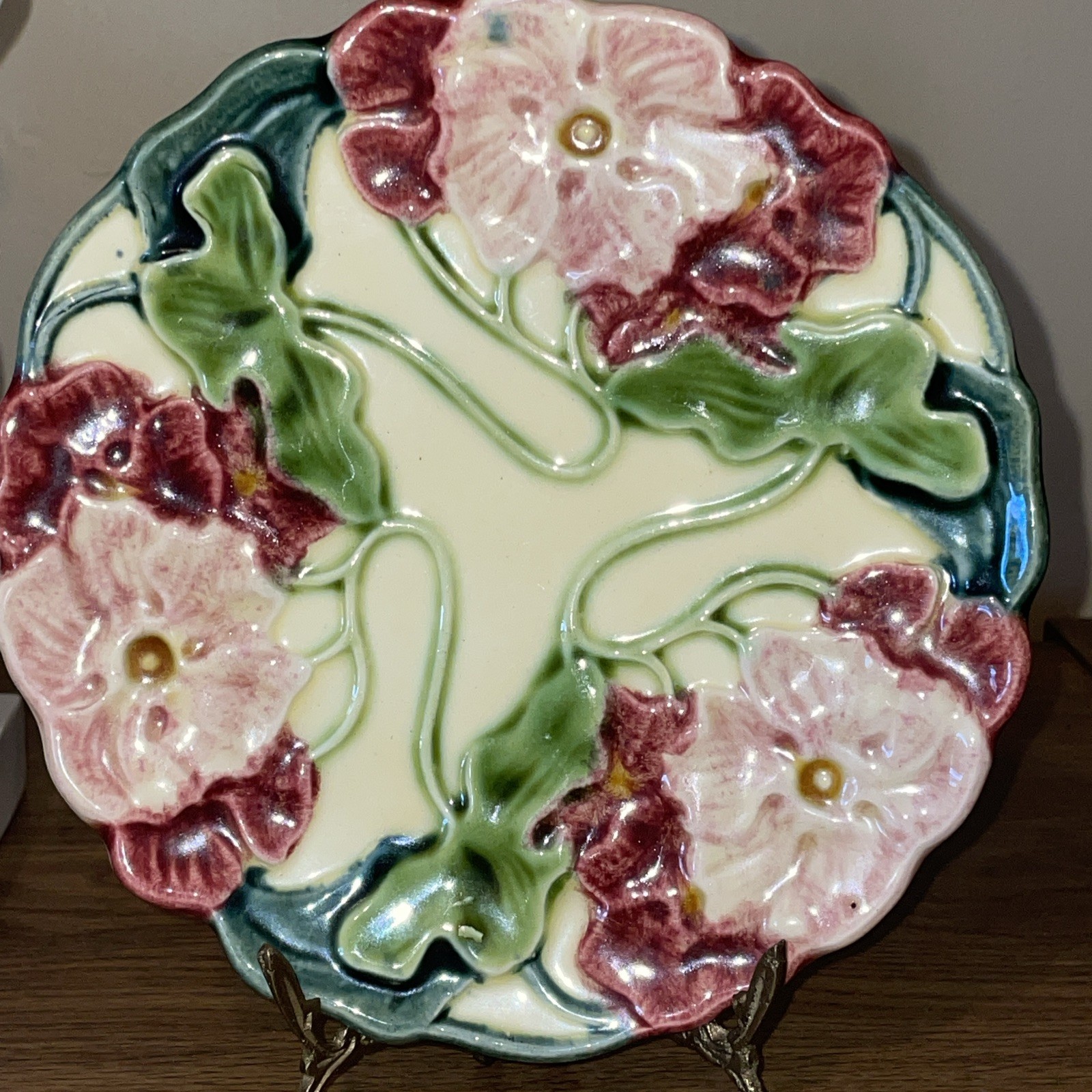 Art Nouveau Majolica  Vibrant Floral Pink/Green/yellow/Ruby Red Plate 6.5”.