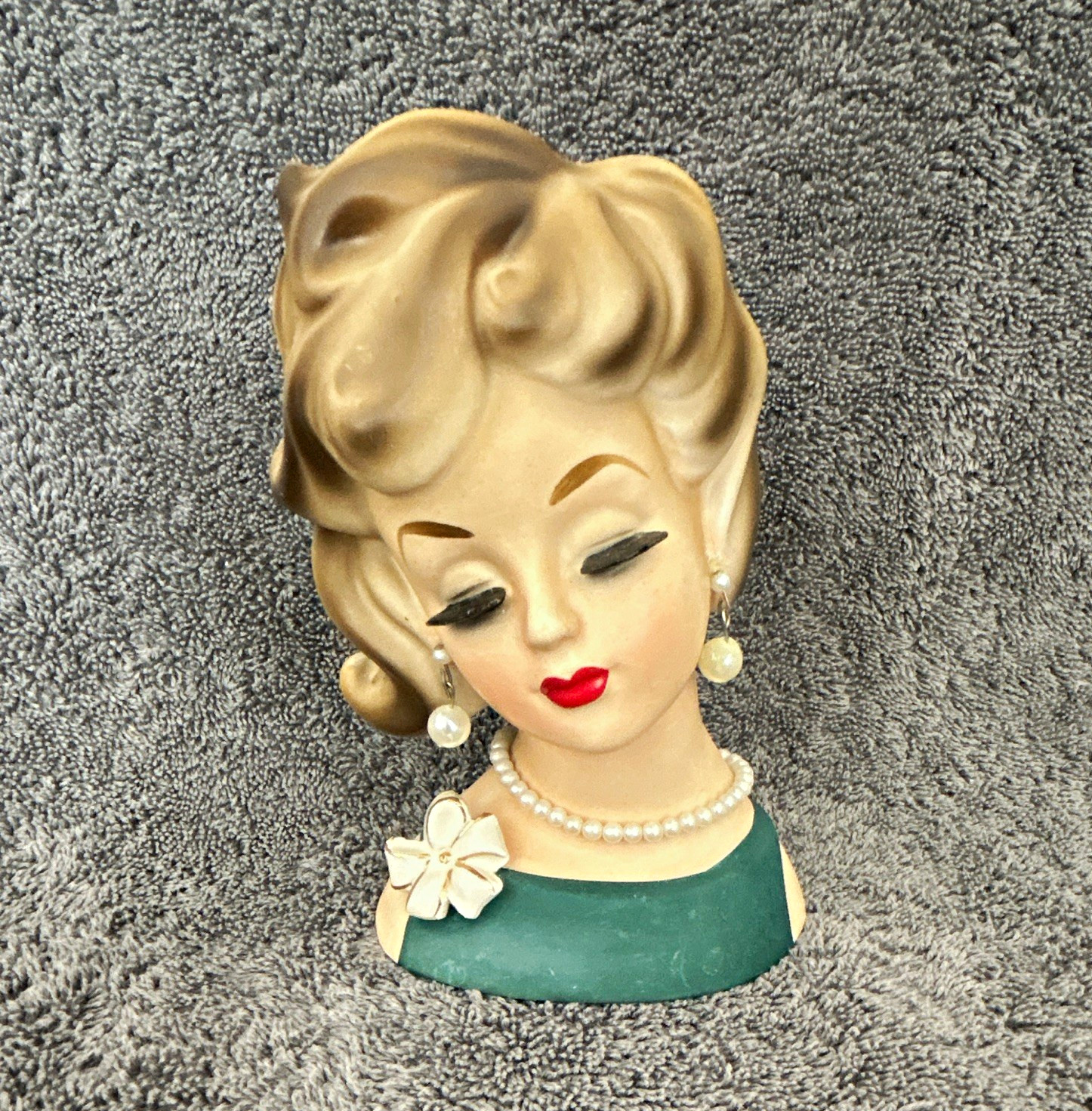 Vintage 1950s Ceramic Lady Head Vase Planter Figurine, Blonde Green Dress