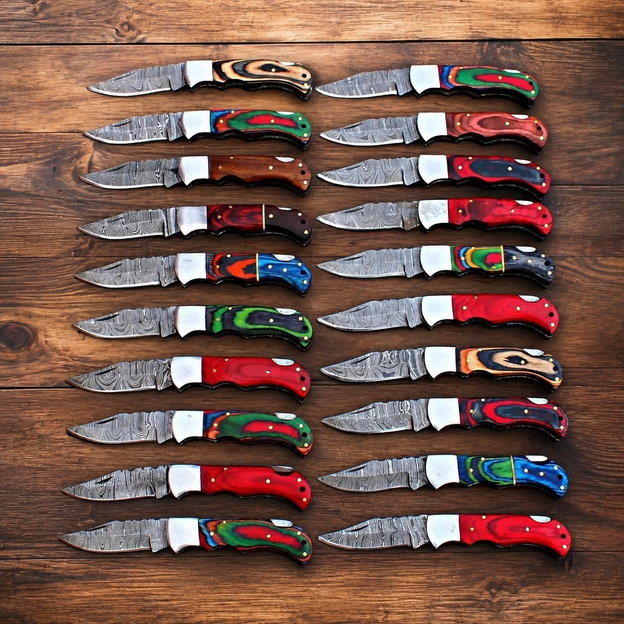 20 PCS Handmade Damascus Steel Pocket Folding Knives w/ Leather Sheaths Bulk Lot