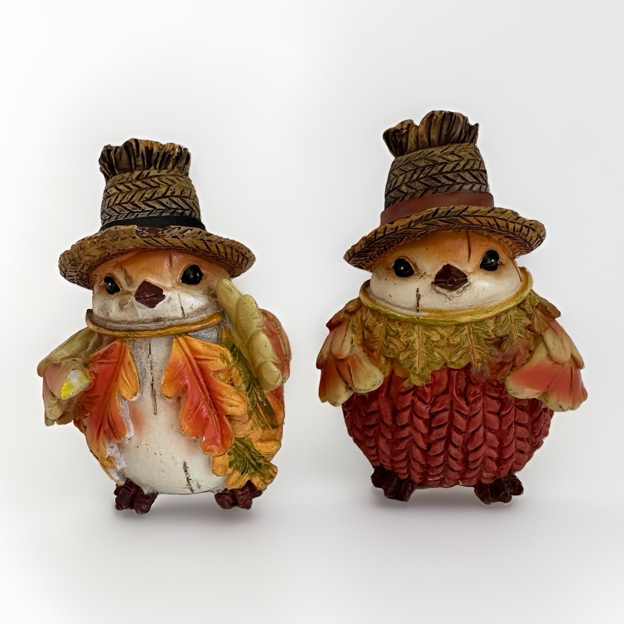 Two Small Bird Figurines In Autumn Dress, Fall Home Decor