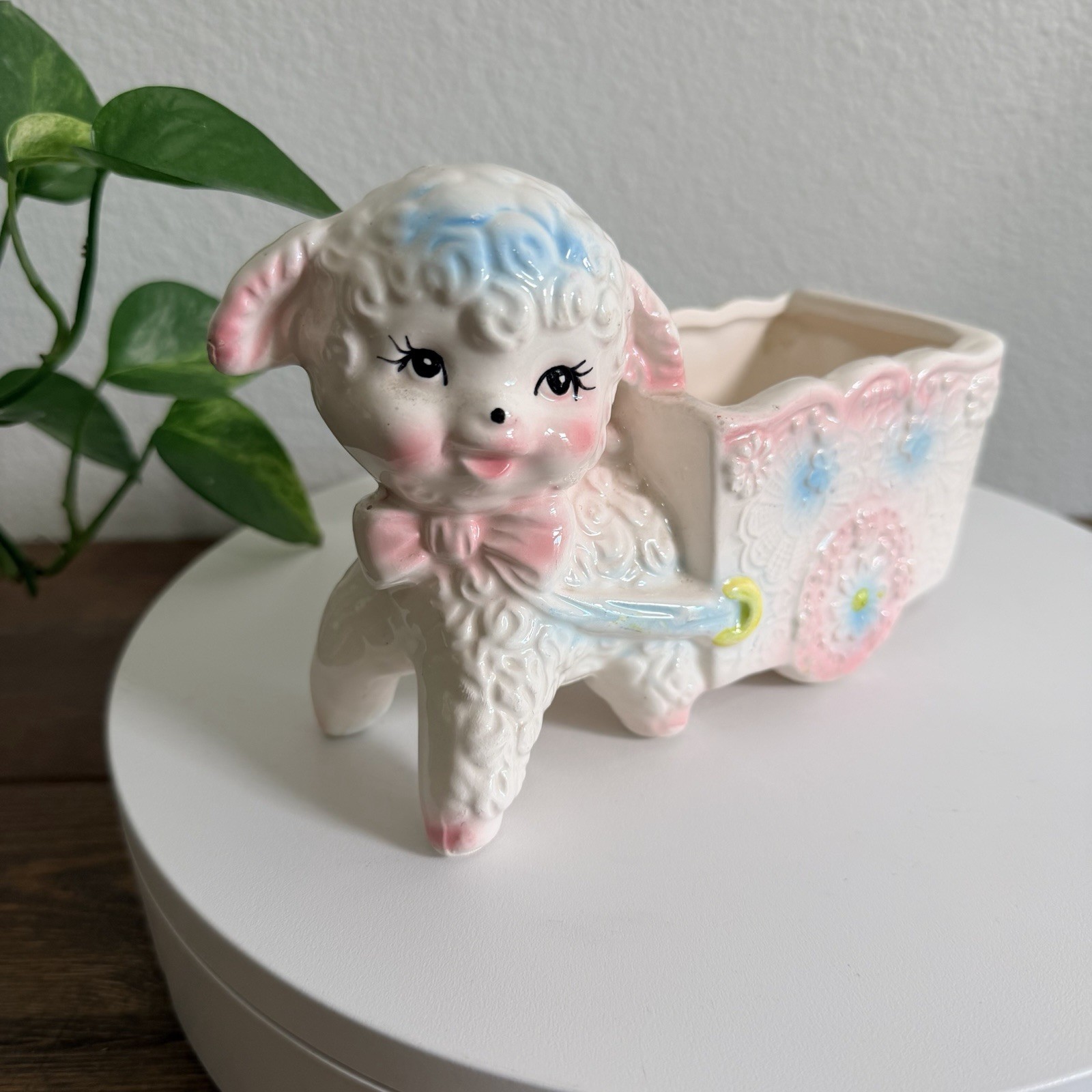 Vintage Ceramic Pink Lamb with Cart Planter
