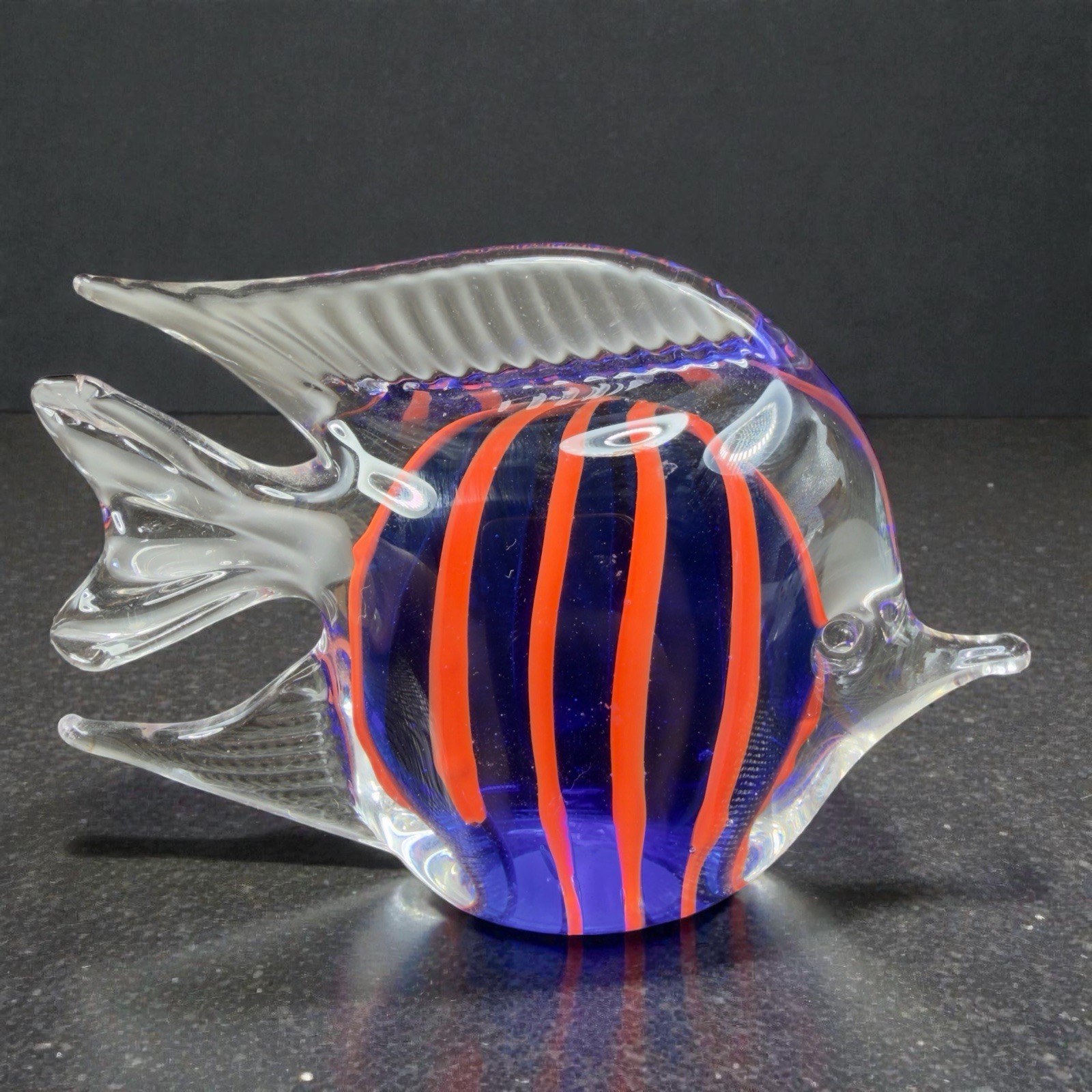 Vintage 1990s Art Glass Fish Figurine Paperweight Blue Orange Lines Clear Edge