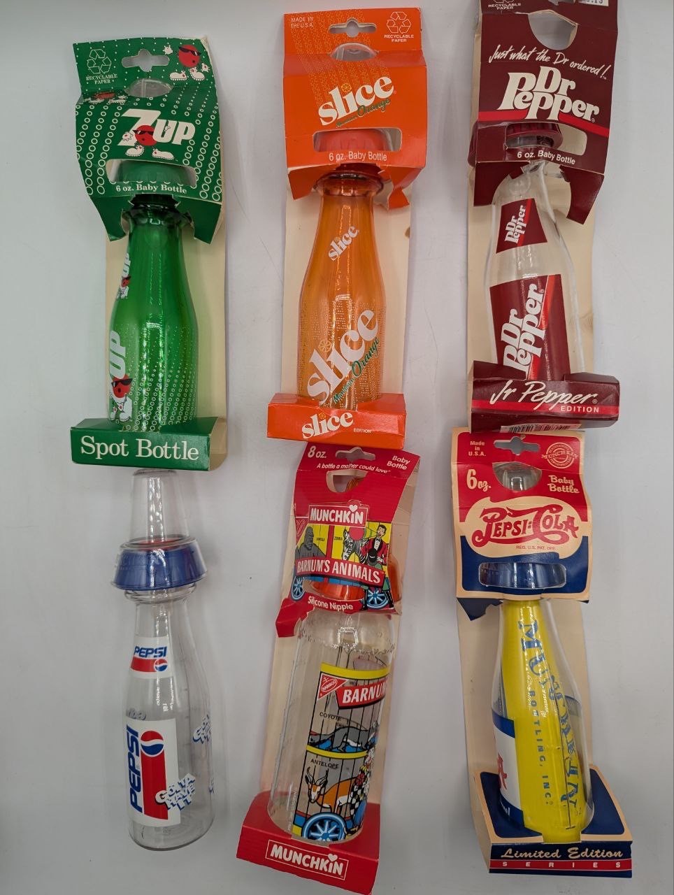 1994 Lot 6 Munchkin Spot Bottles Soda Pepsi 7Up Slice Dr Pepper Barnum   BA10