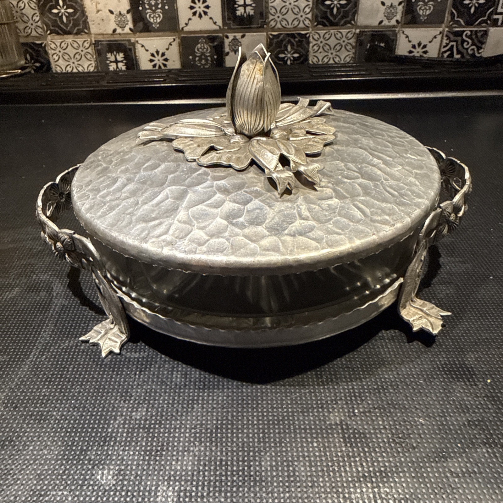 Vintage Rodney Kent hammered Aluminum Cover Glass Candy Dish 1930's Tulip