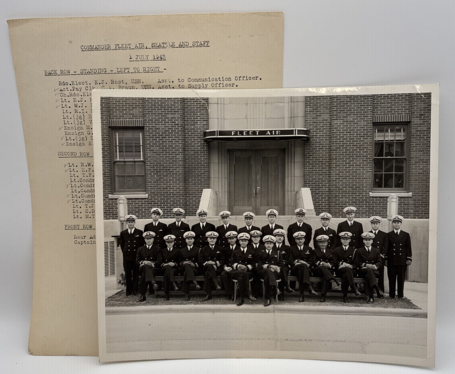 WWII 1943 Fleet Air Seattle Navy Staff Photo & w/Roster Secret Treasurer Dillon
