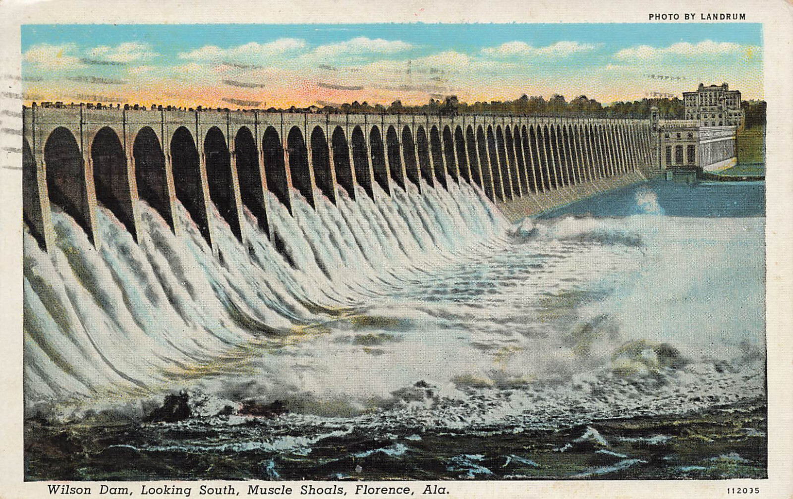 WILSON DAM LOOKING SOUTH POSTCARD MUSCLE SHOALS & FLORENCE AL ALABAMA 1930s
