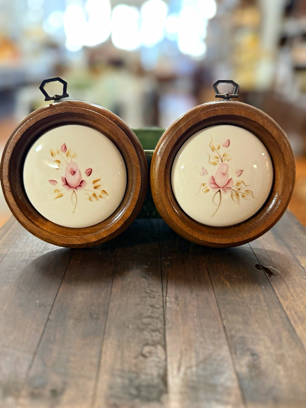 Set of 2 Round Floral Ceramic Plaques in Wood Frames, Hanging Wall Decor
